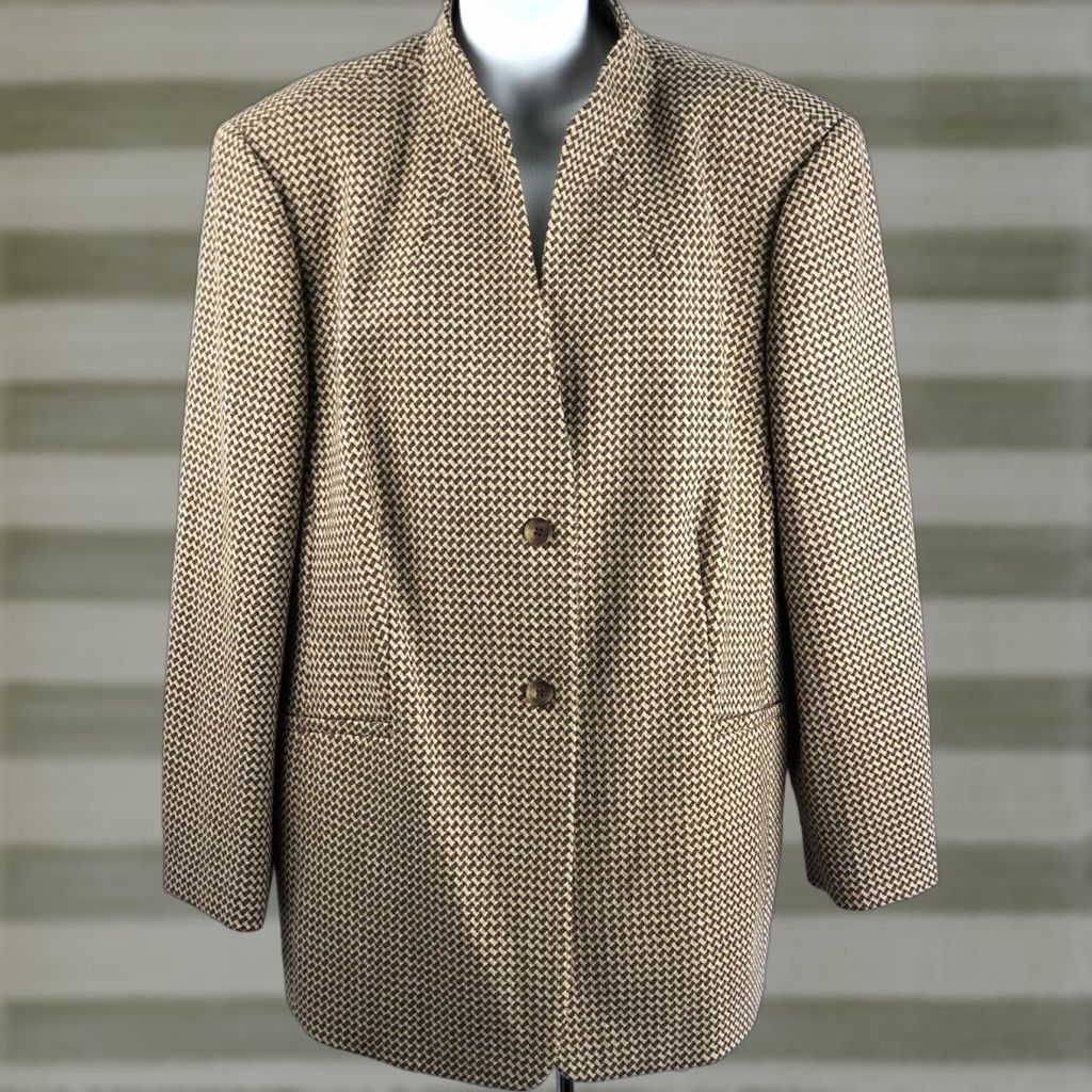 Talbots Talbots Blazer Jacket 100% Wool Brown Tan Basket Weave 18W 2-Button Mock Neck Geometric Lined Regular Plus Size Size XXL / US 16-18 / IT 52-54 - 1 Thumbnail