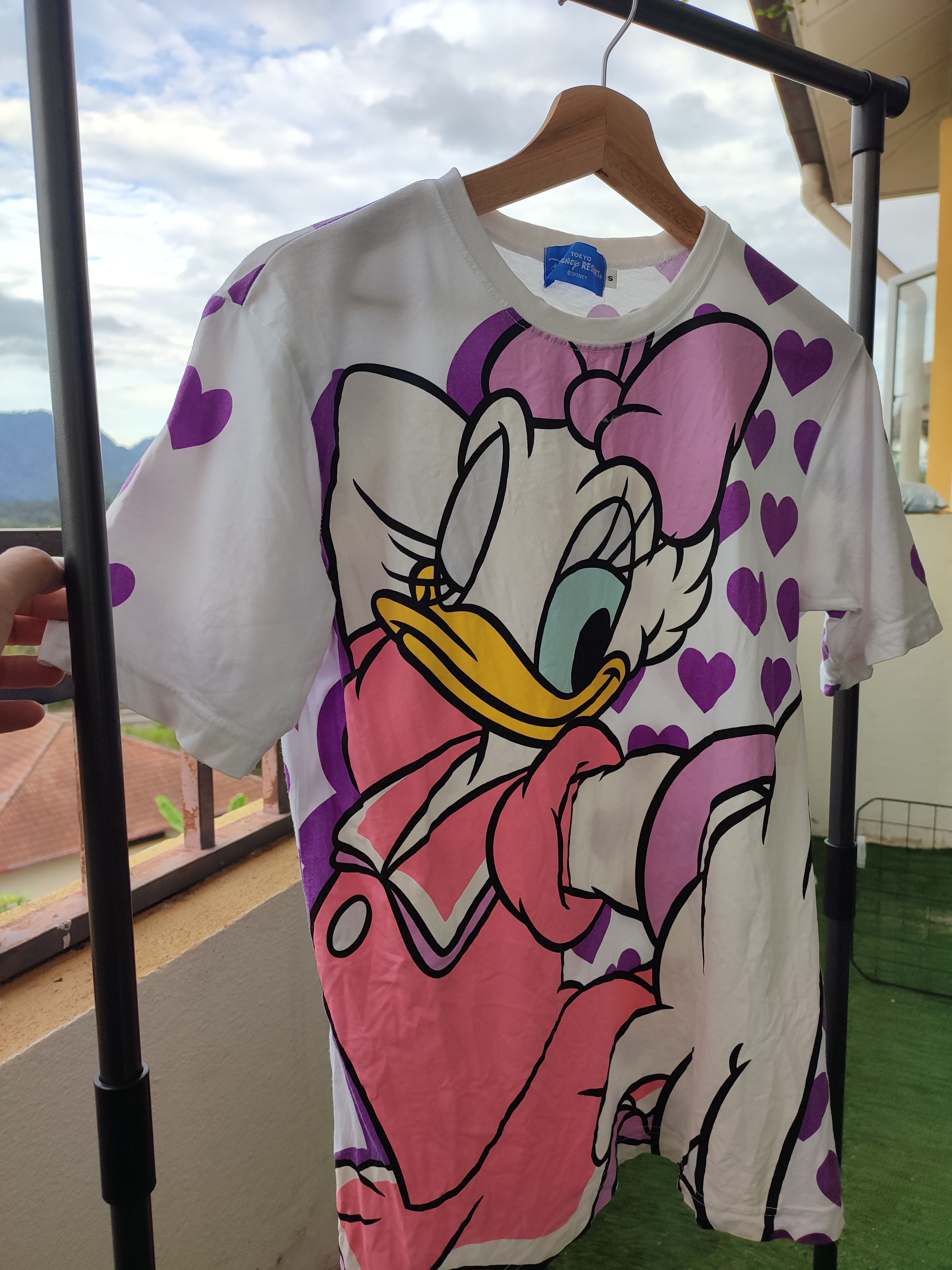 Image of Disney Vintage Over Print Daisy And Minnie Tees in Purple/White, Men's (Size Small)