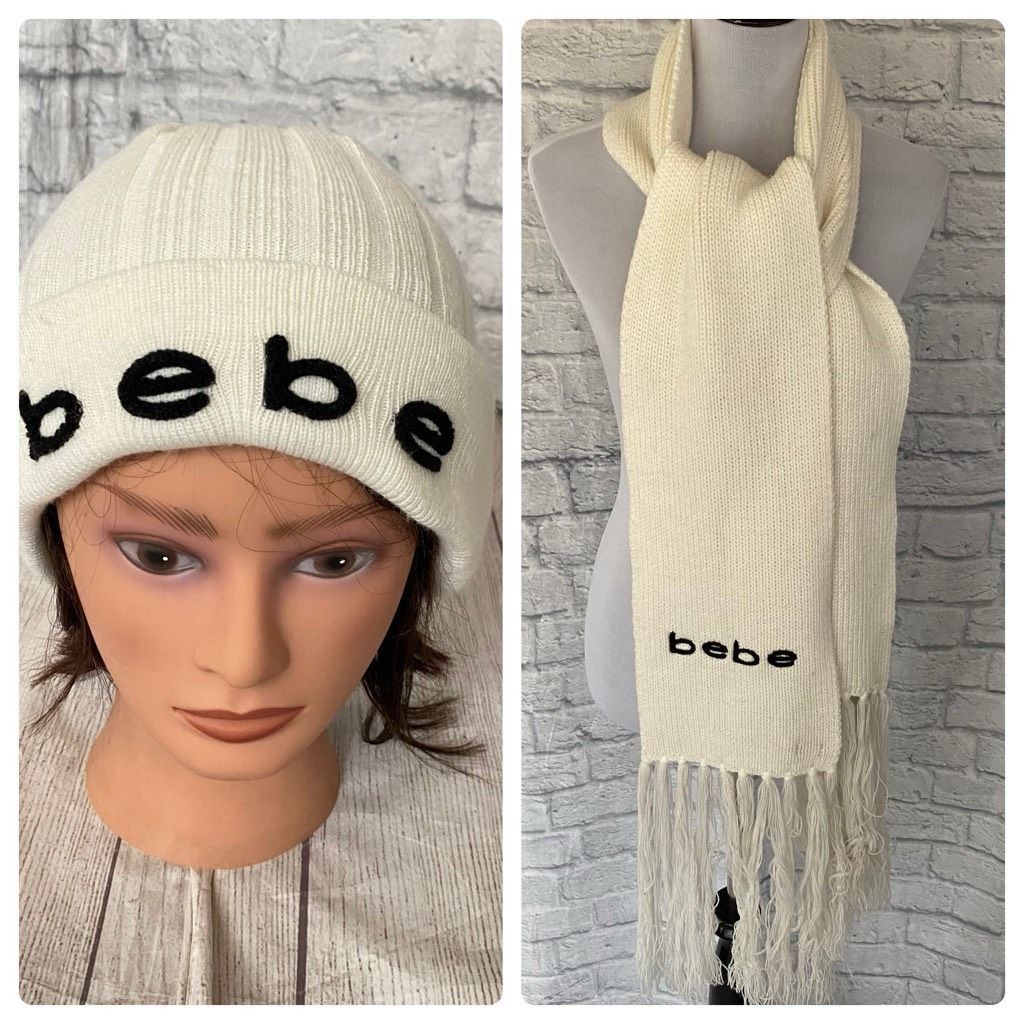 Bebe Bebe women OS Winter beanie and scarf white w/black writing Size ONE SIZE - 1 Thumbnail