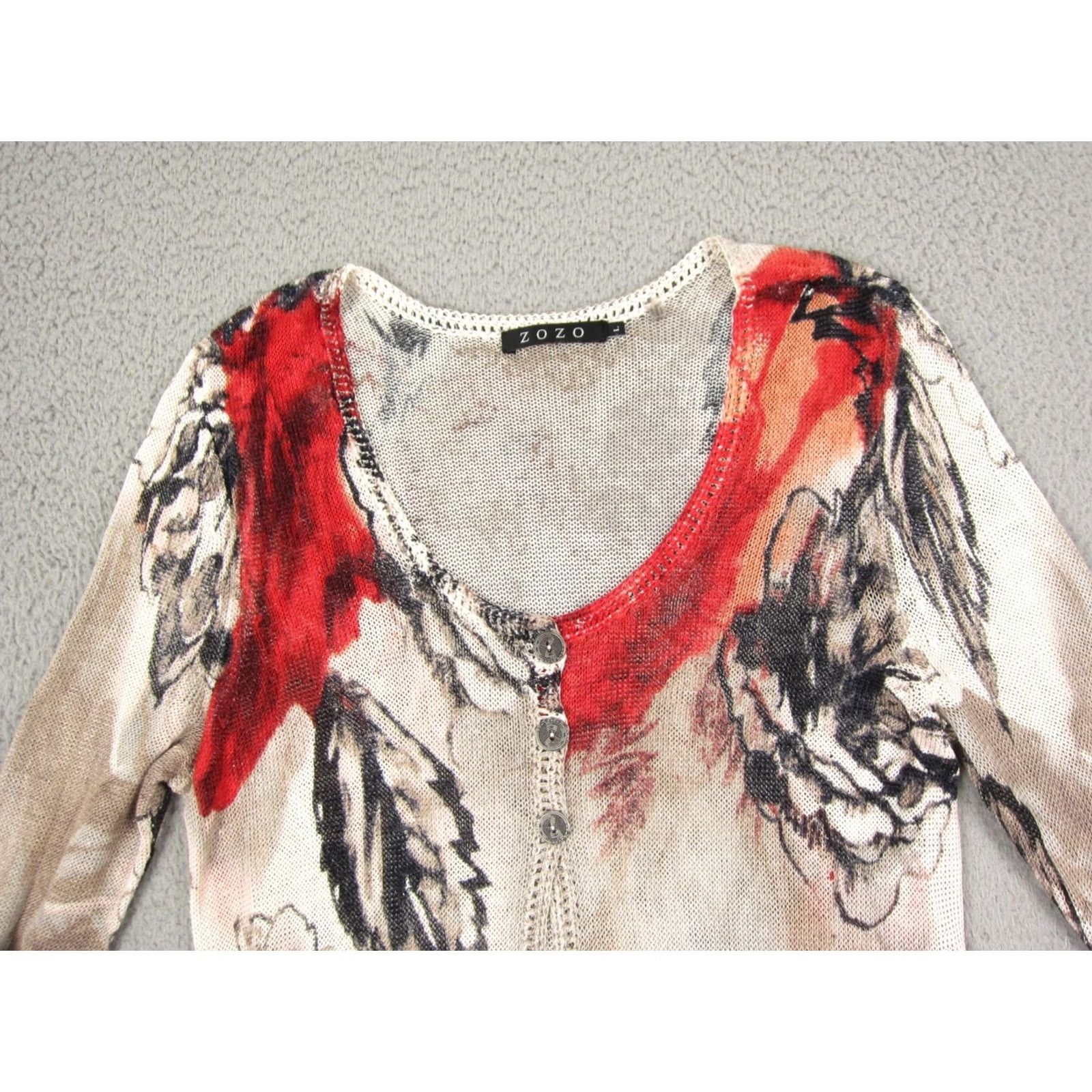 Vintage ZOZO Cardigan Womens Large Beige Red Knit Sheer Floral Linen Viscose Button Up Size L / US 10 / IT 46 - 2 Thumbnail