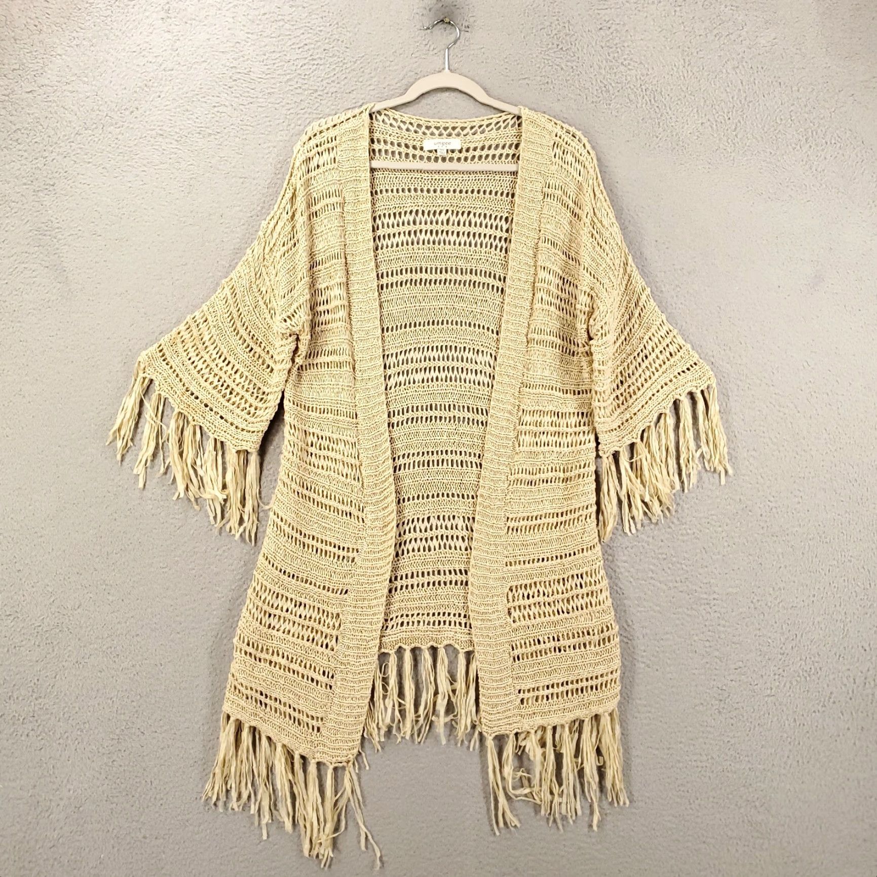 Vintage UMGEE Women's Cardigan Beige Long Sleeve Knit Sweater with Fringe Accents Size L Bohemian Size L / US 10 / IT 46 - 2 Thumbnail