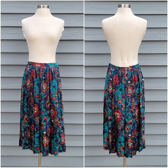 Vintage Vintage 80s Anne Crimmins Floral Silk Pleated Skirt Appliqué Size 32" / US 10 / IT 46 - 6 Thumbnail