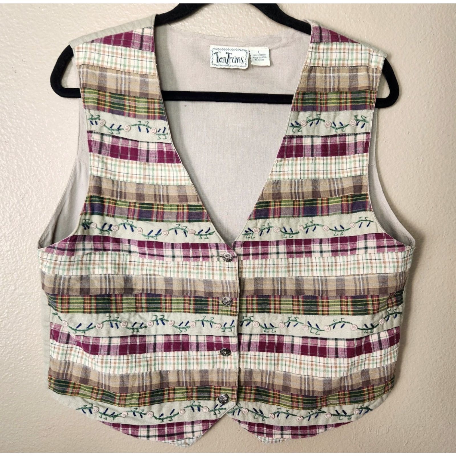 Vintage VINTAGE Tantrums Vest - Size L - 90s Multi Plaid Pieced Quilt Tan Buttonfront V-neck - Cotton Beig​e - Womens Size L / US 10 / IT 46 - 2 Thumbnail