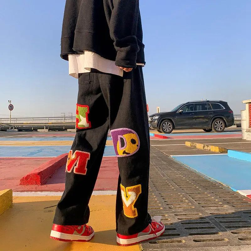 image of Retro Fashion Loose Embroidered Straight Pants in Black, Men's (Size 36)