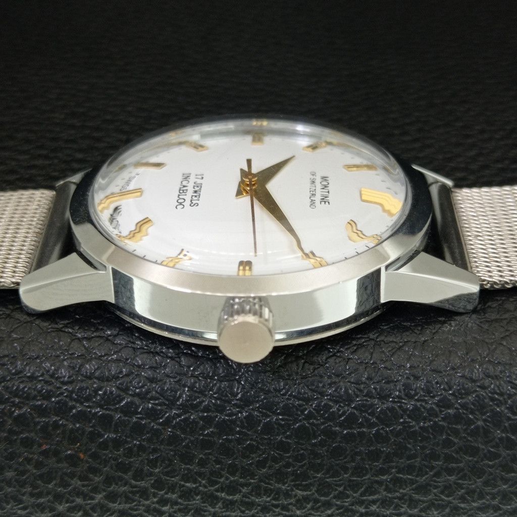 Other VINTAGE MONTINE HAND-WINDING SWISS MENS WHITE WATCH a444166 Size 38 - 5 Thumbnail