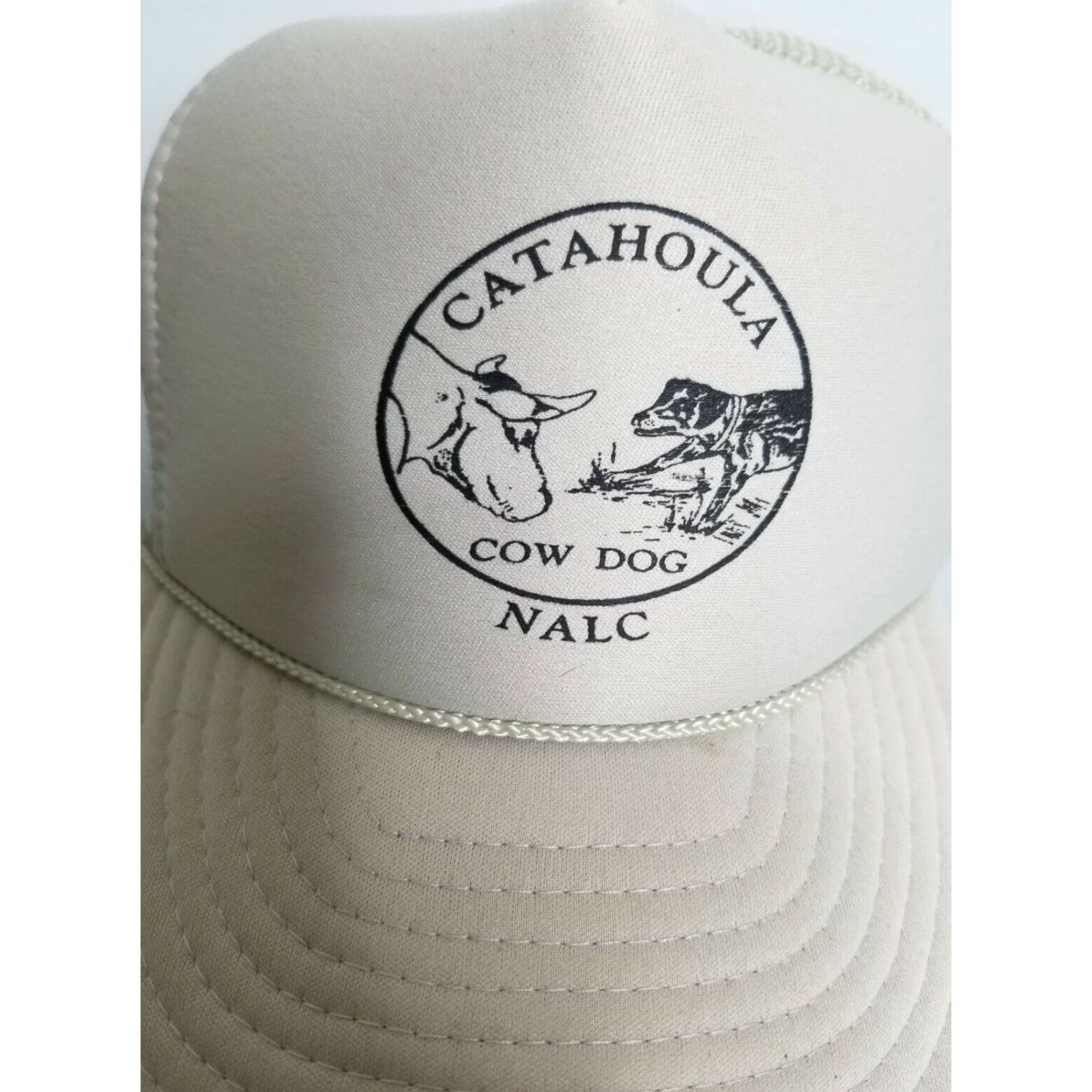 VINTAGE NALC Catahoula Cow Dog Trucker Hat Beige Adjustable Snapback