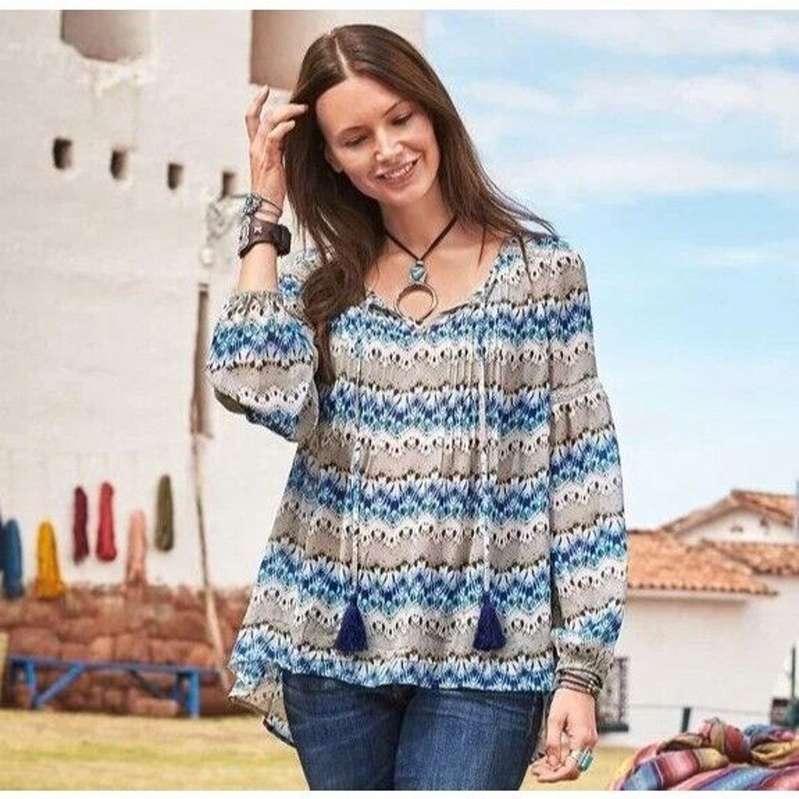 Sundry Sundance Womens Earth Meets Sky 100% Silk Boho Tasseled Size L / US 10 / IT 46 - 1 Thumbnail
