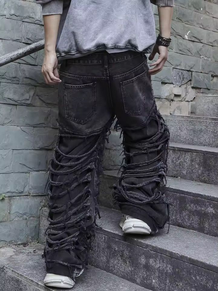 Jean Distressed Hole Hip Hop Washed Trendy Loose Jeans Size US 35 - 2 Thumbnail