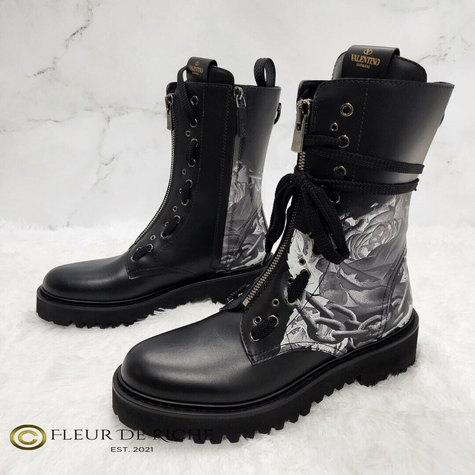 Valentino Valentino x Undercover Black Rose Print Leather Combat Boots Size US 9 / IT 39 - 2 Thumbnail