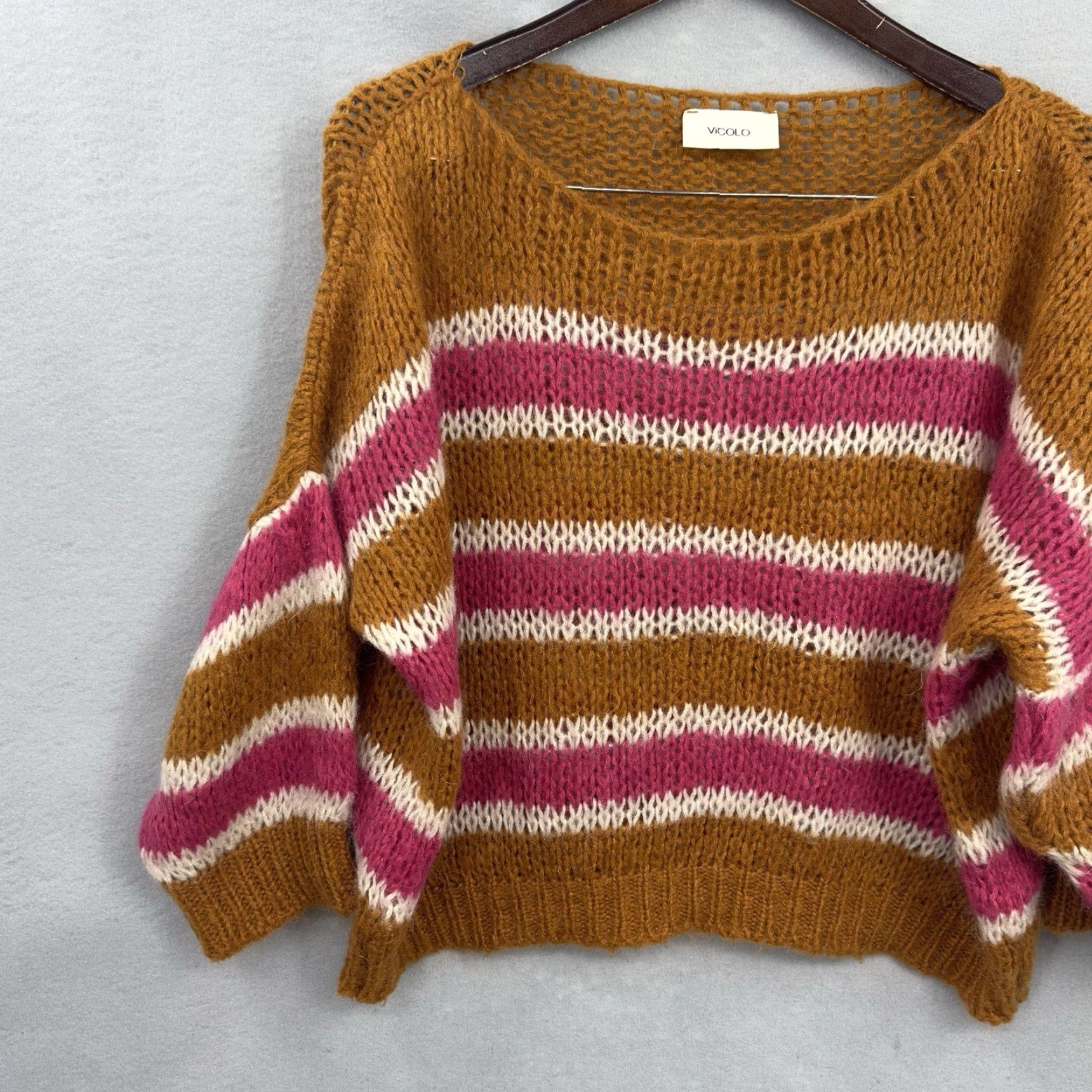 Vintage Vicolo Sweater Women M Striped Open Knit Dolman Crew Neck Casual Knit Pullover Beige Classic, Preppy Womens Fashion Size M / US 6-8 / IT 42-44 - 5 Thumbnail