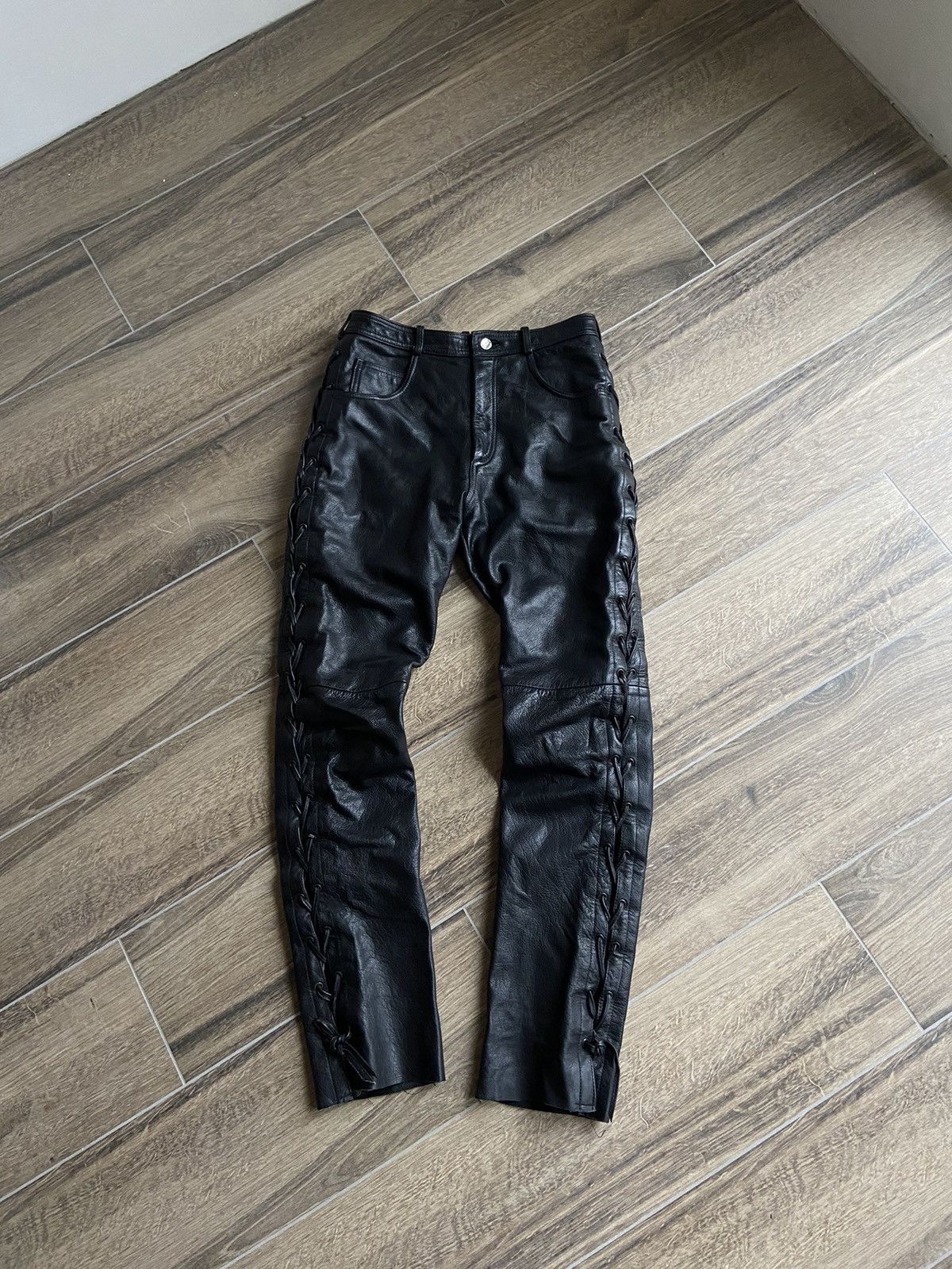 image of Biker Denim x Genuine Leather Vintage Biker Leather Cowboys Pants Y2K Balenciaga Style in Black (Si