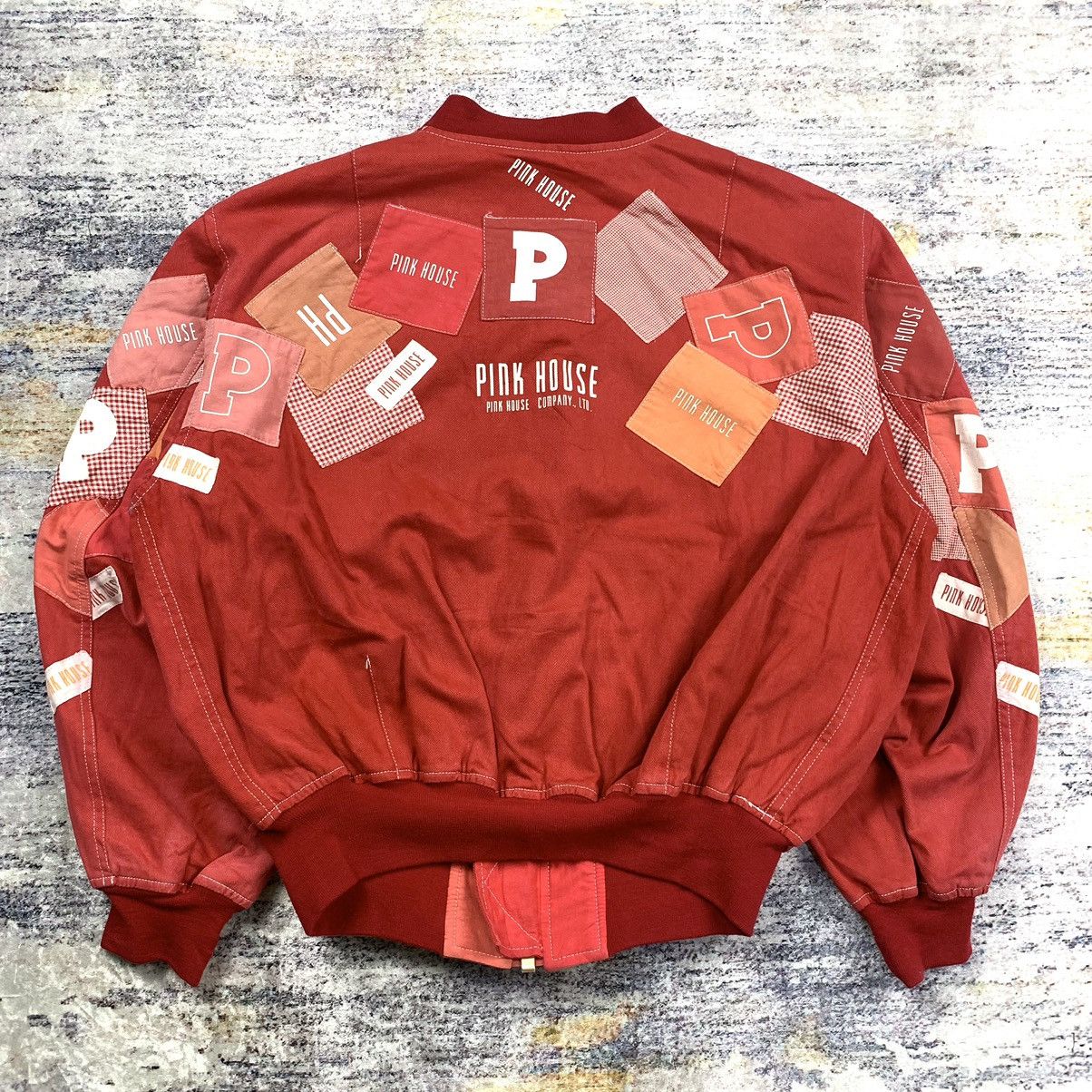 image of Issey Miyake x Pink House Vintage Pink House Patches Ma-1 Bomber Jacket in Red, Men's (Size Medium)