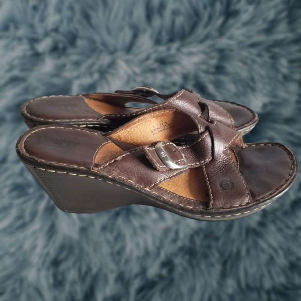 Born Born Sandals Womens 9 Light Brown Leather Wedge Slip On Sandal Size US 9 / IT 39 - 1 Thumbnail