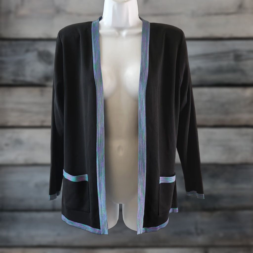 Vintage Misook Womens Cardigan Sz XSP Black Blue Open Front Pockets Exclusively Size XS / US 0-2 / IT 36-38 - 1 Thumbnail