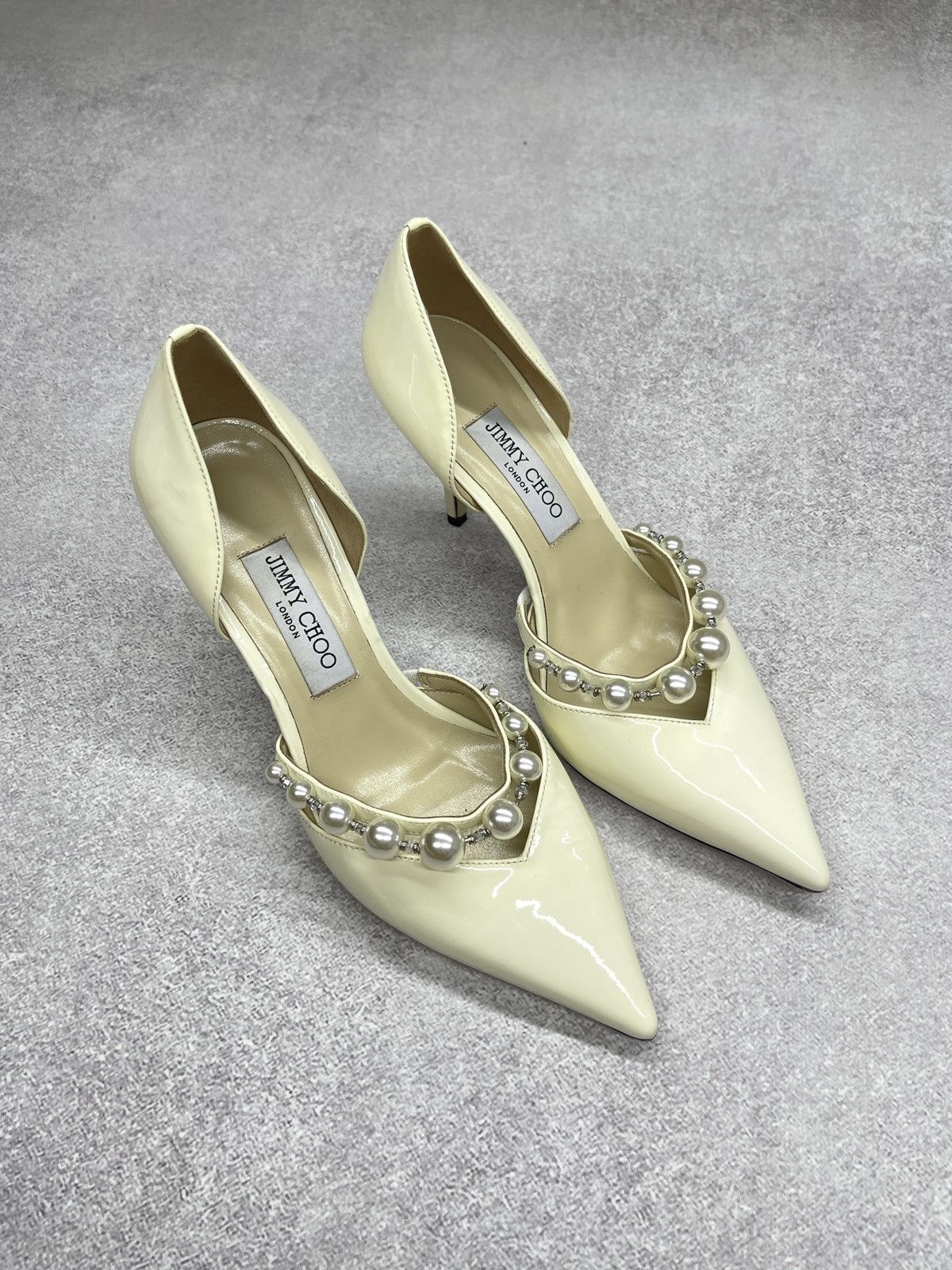 Jimmy Choo Jimmy Choo Beige Patent Leather Aurelie 85 Pump Heels Size US 9 / IT 39 - 2 Thumbnail