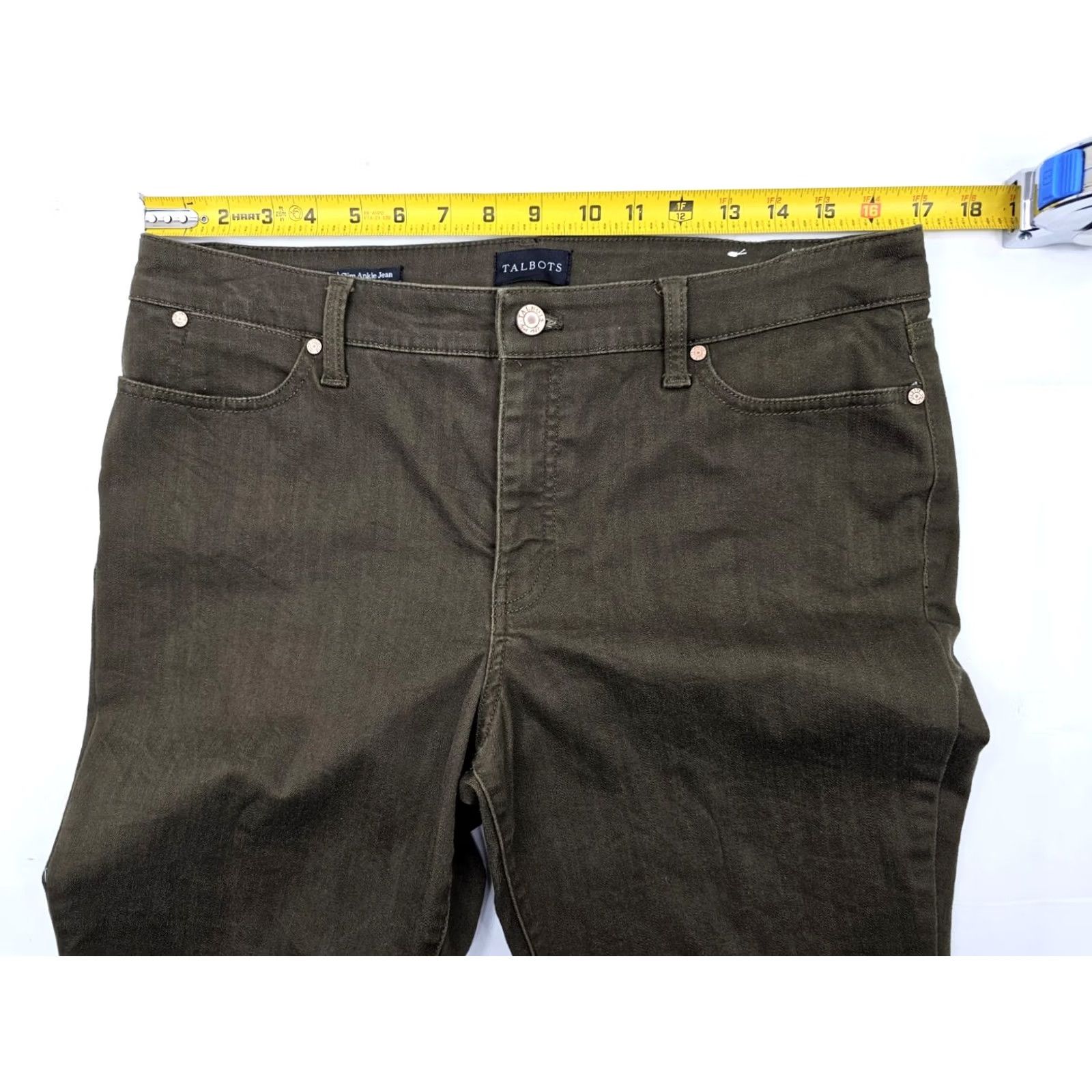 Talbots TALBOTS Slim Ankle Jeans Women 12P Petite Olive Green EUC - 34x25.5 Stretch Denim Slimming 5-Pocket Gift? Size 34" / US 12 / IT 48 - 5 Thumbnail