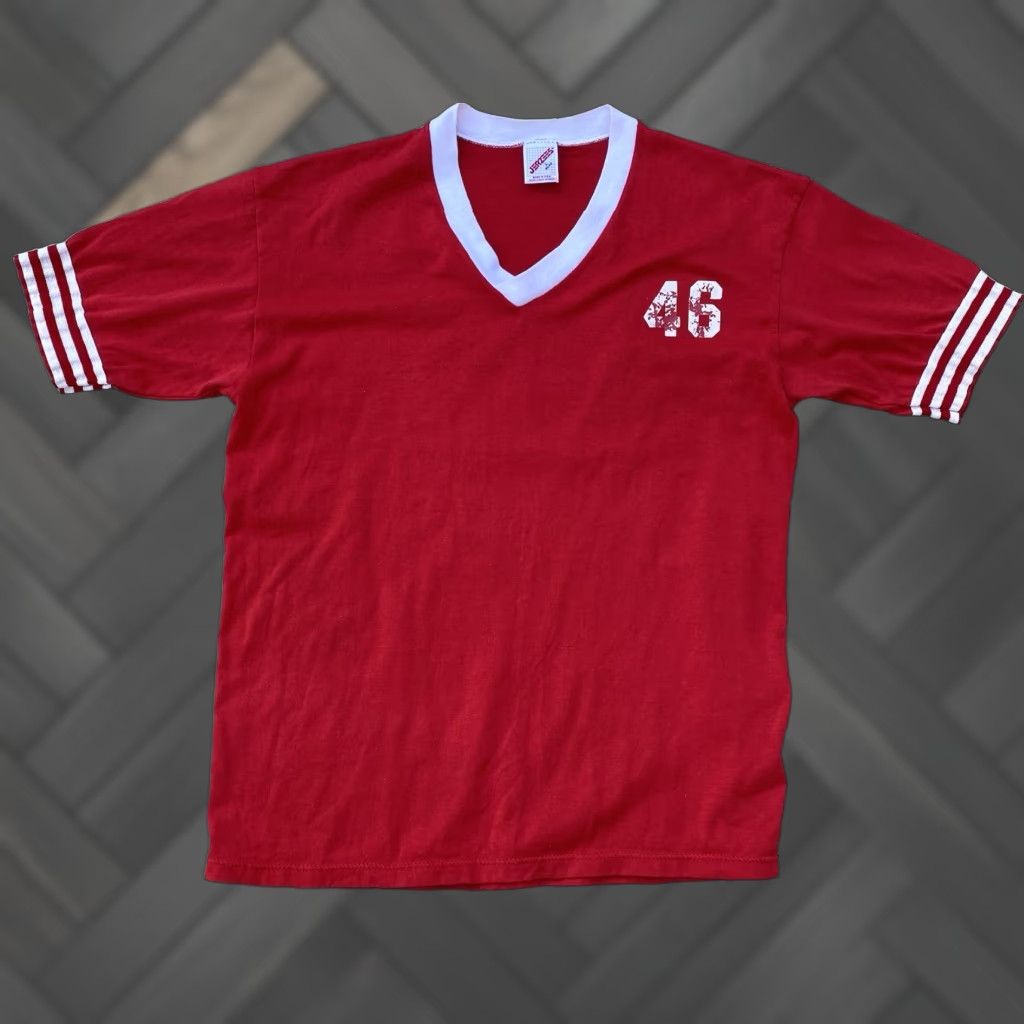Jerzees VINTAGE Jerzees Red V-Neck Athletic Jersey Shirt Mens L Striped Sleeves 46 T-Shirt Size US L / EU 52-54 / 3 - 1 Thumbnail