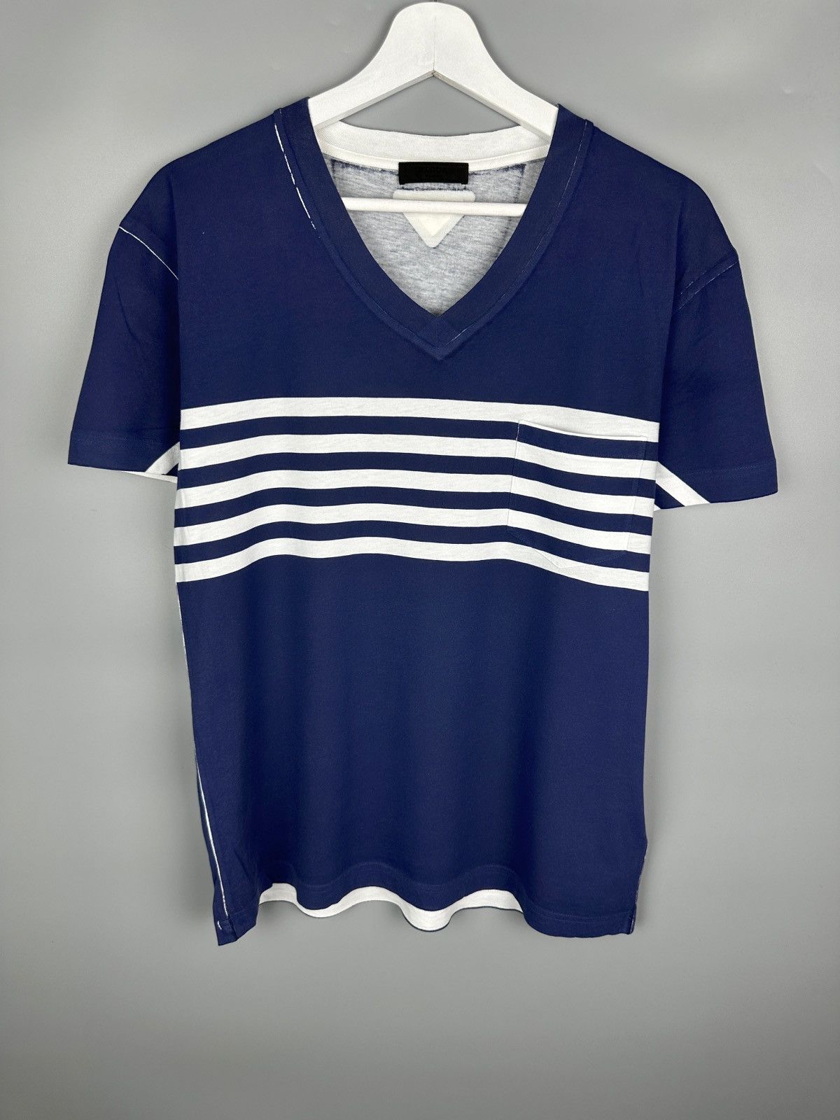 Prada Stripe Triangle V Neck T Shirt Tee Black Red Tab