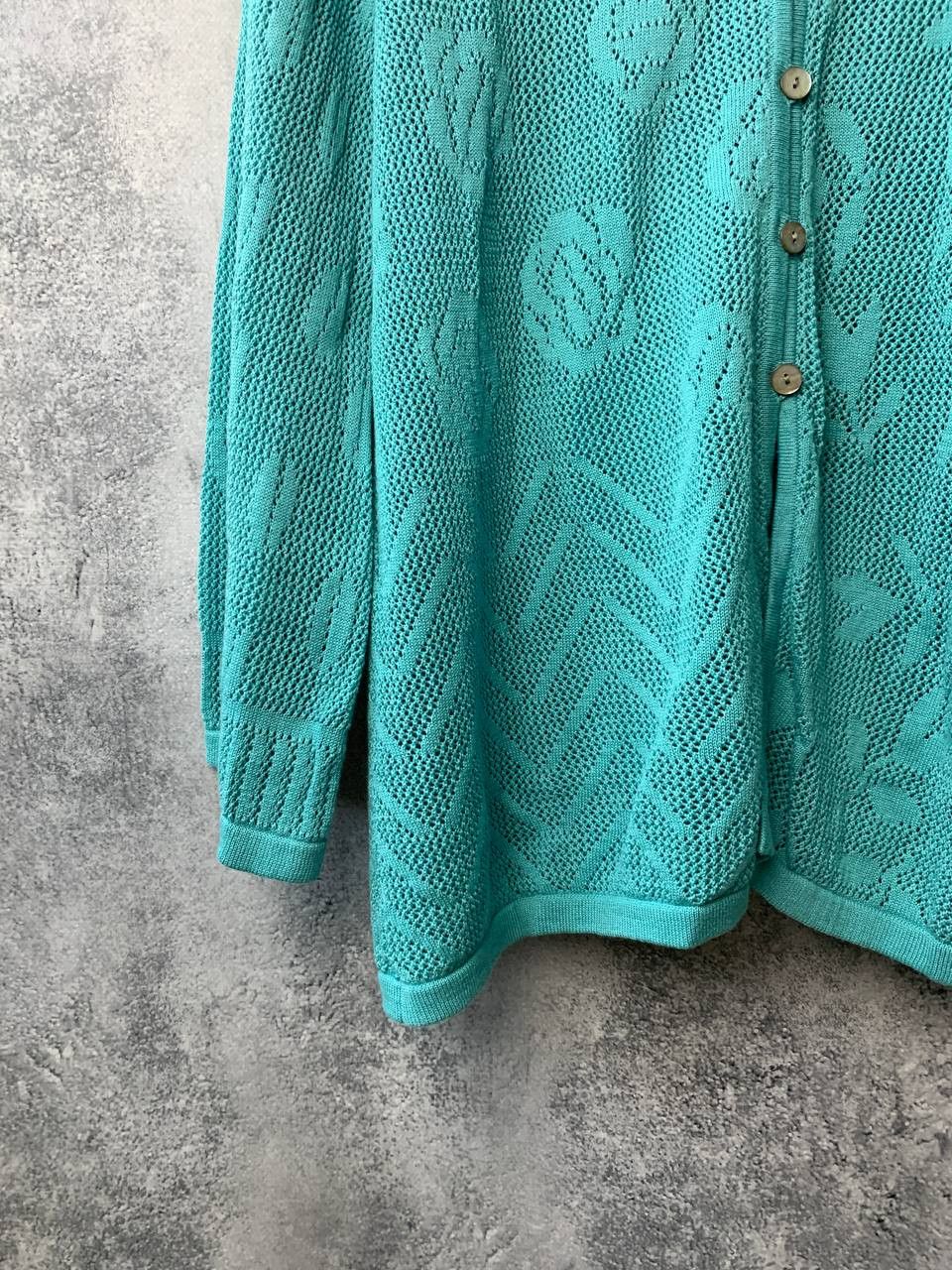 Designer Gudrun Sjoden Green Cotton Pointelle Knit Cardigan Sweater Size M / US 6-8 / IT 42-44 - 7 Thumbnail
