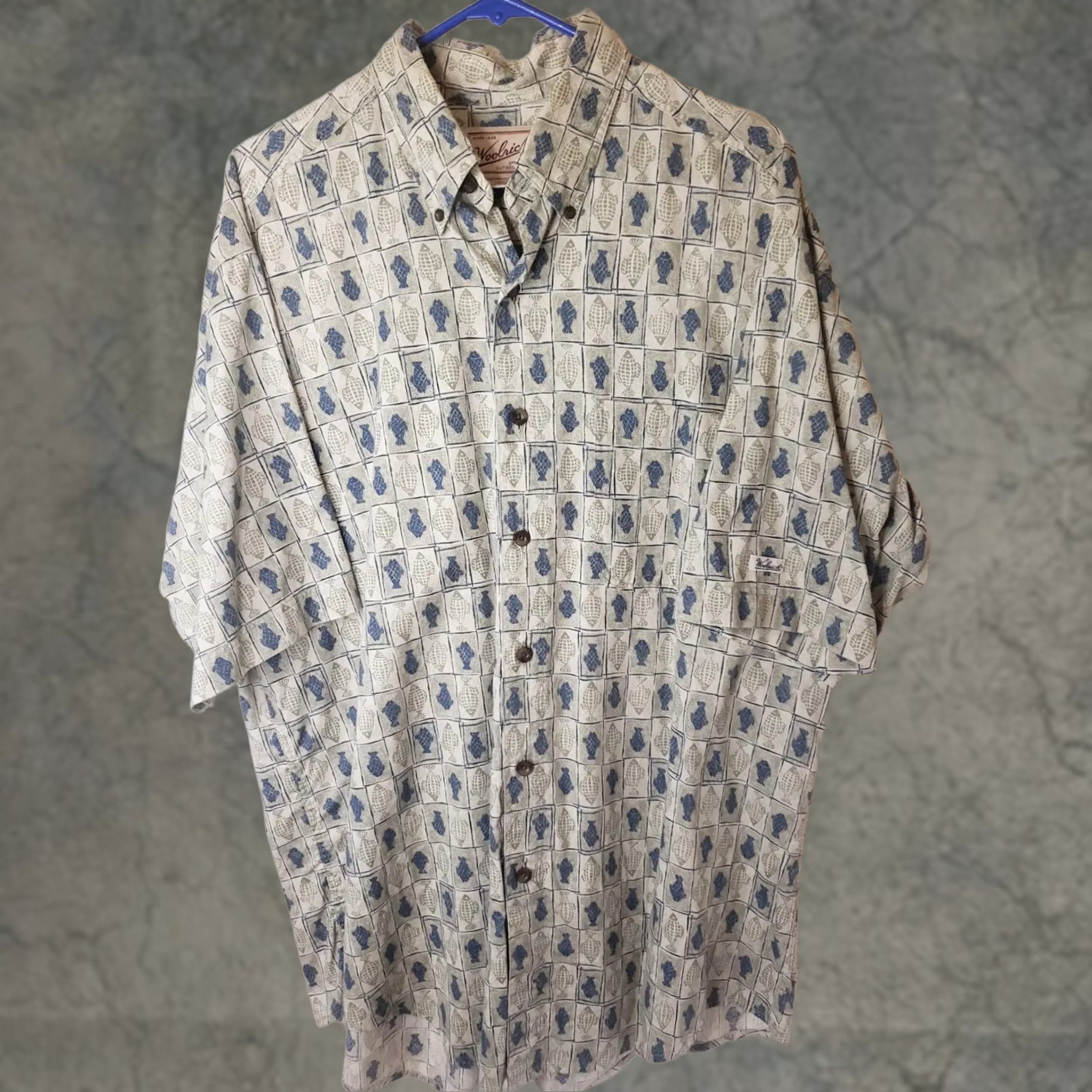 Vintage Woolrich Button-Up Shirt Men L Beige Blue Green Fish Pattern Hiking Outdoor Shirt Adults Regular Cotton Pockets 48 Chest Collar Button-Up Short Sleeve Size US L / EU 52-54 / 3 - 1 Thumbnail