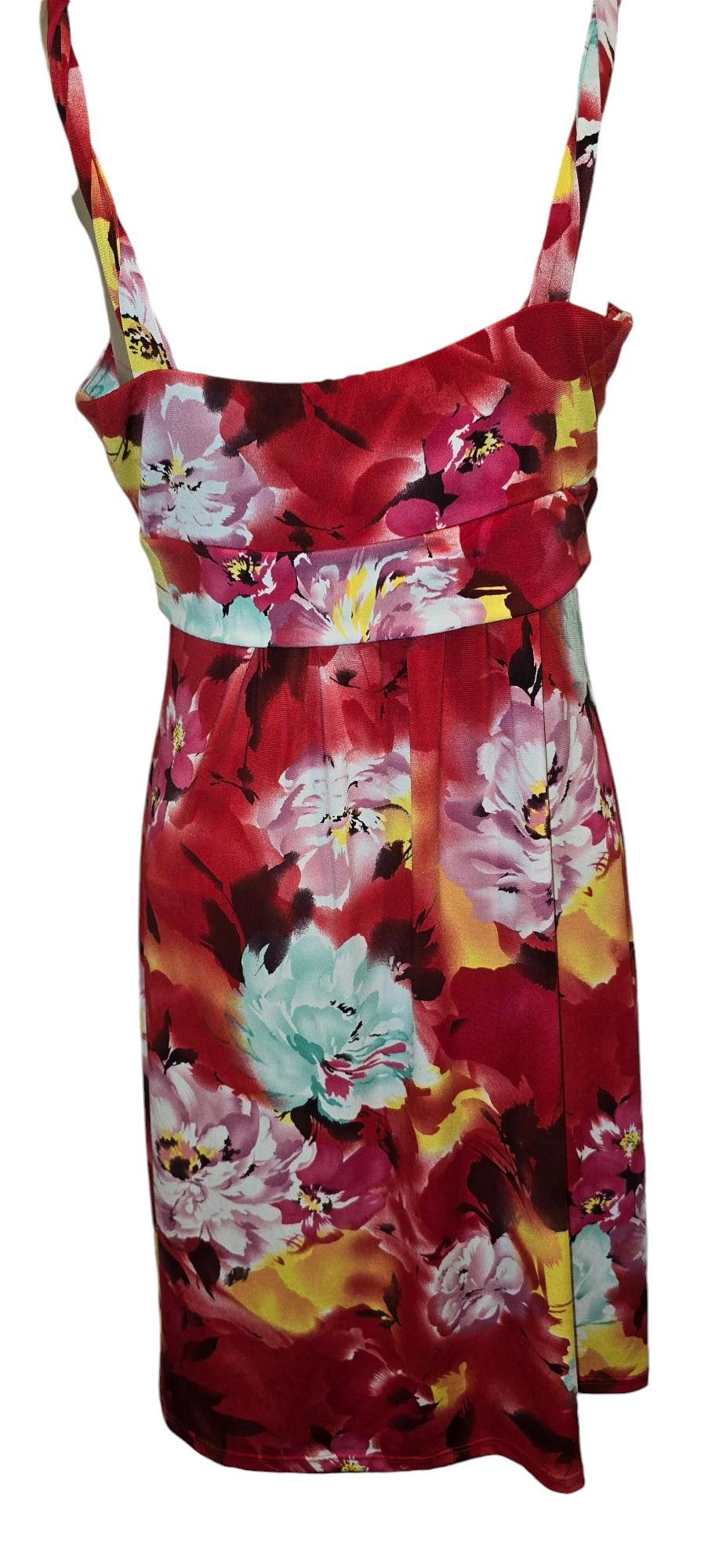 Designer Floral Print Summer Dress – Vibrant Red and Yellow Hues Size L / US 10 / IT 46 - 2 Thumbnail