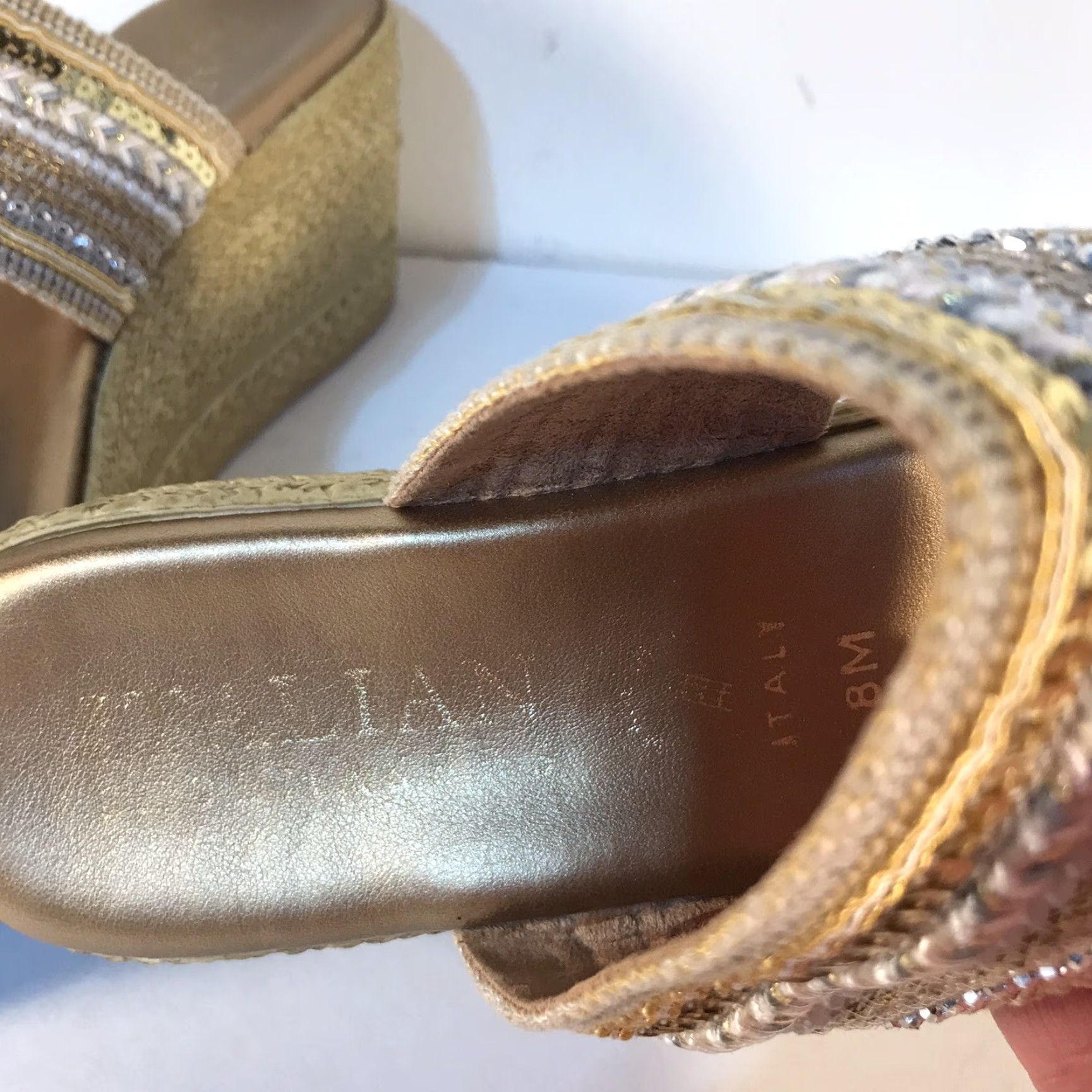 Vintage Italian Shoemakers Women's Wedge Slides Size 8M Gold Beaded Sequin Casual Sandals Italy Size US 8 / IT 38 - 2 Thumbnail