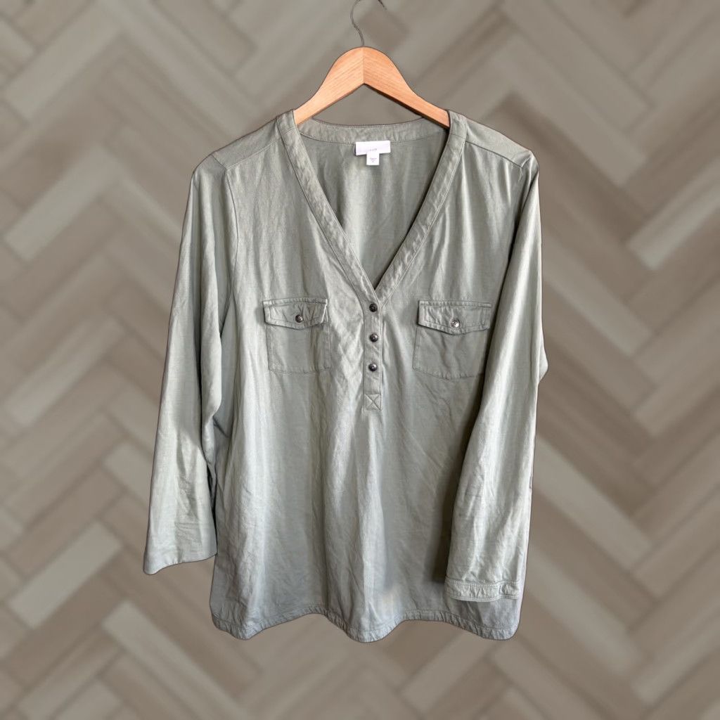 J. Jill J. Jill Blouse Shirt Womens XL Green V-Neck 3/4 Sleeve Pockets Button Casual Easy Care Size XL / US 12-14 / IT 48-50 - 1 Thumbnail