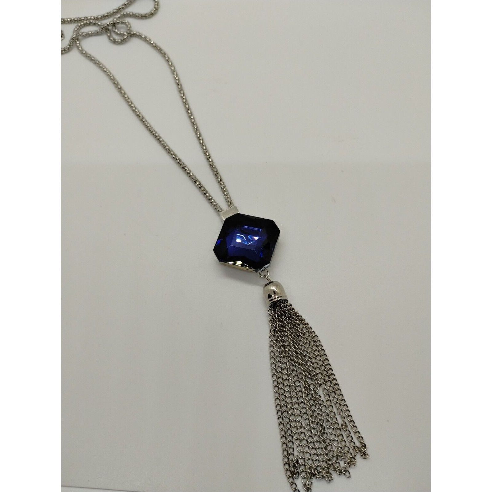 Vintage Cara NY Long Silver Tone Necklace -Blue Glass Pendant Size ONE SIZE - 3 Thumbnail