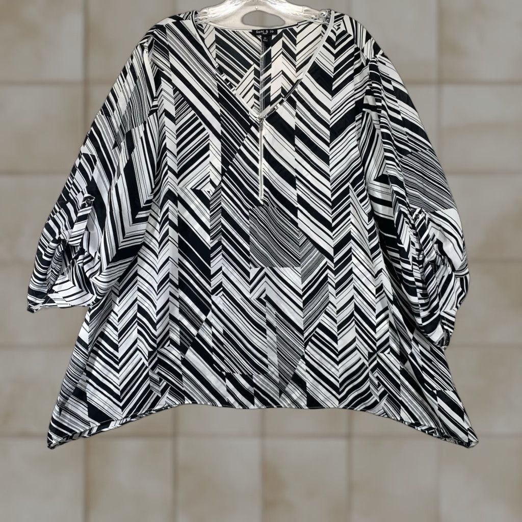 Vintage Geometric Boho Women's 2X Top Black & White Relaxed Sheer Flowy Size XXL / US 16-18 / IT 52-54 - 1 Thumbnail