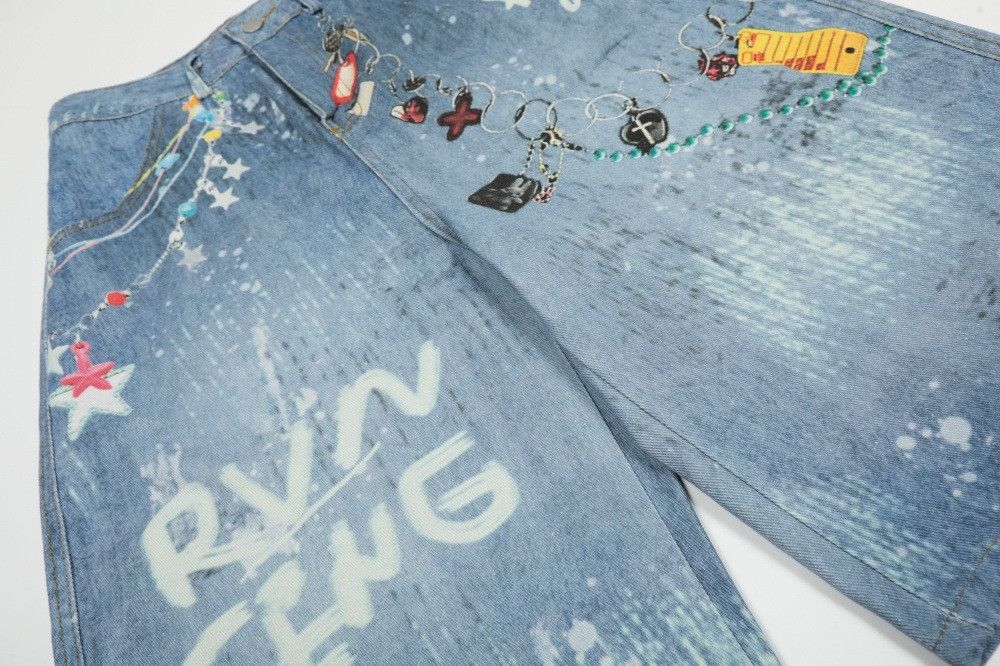 Jean American style digital printed chain men's denim shorts Size US 32 / EU 48 - 4 Thumbnail