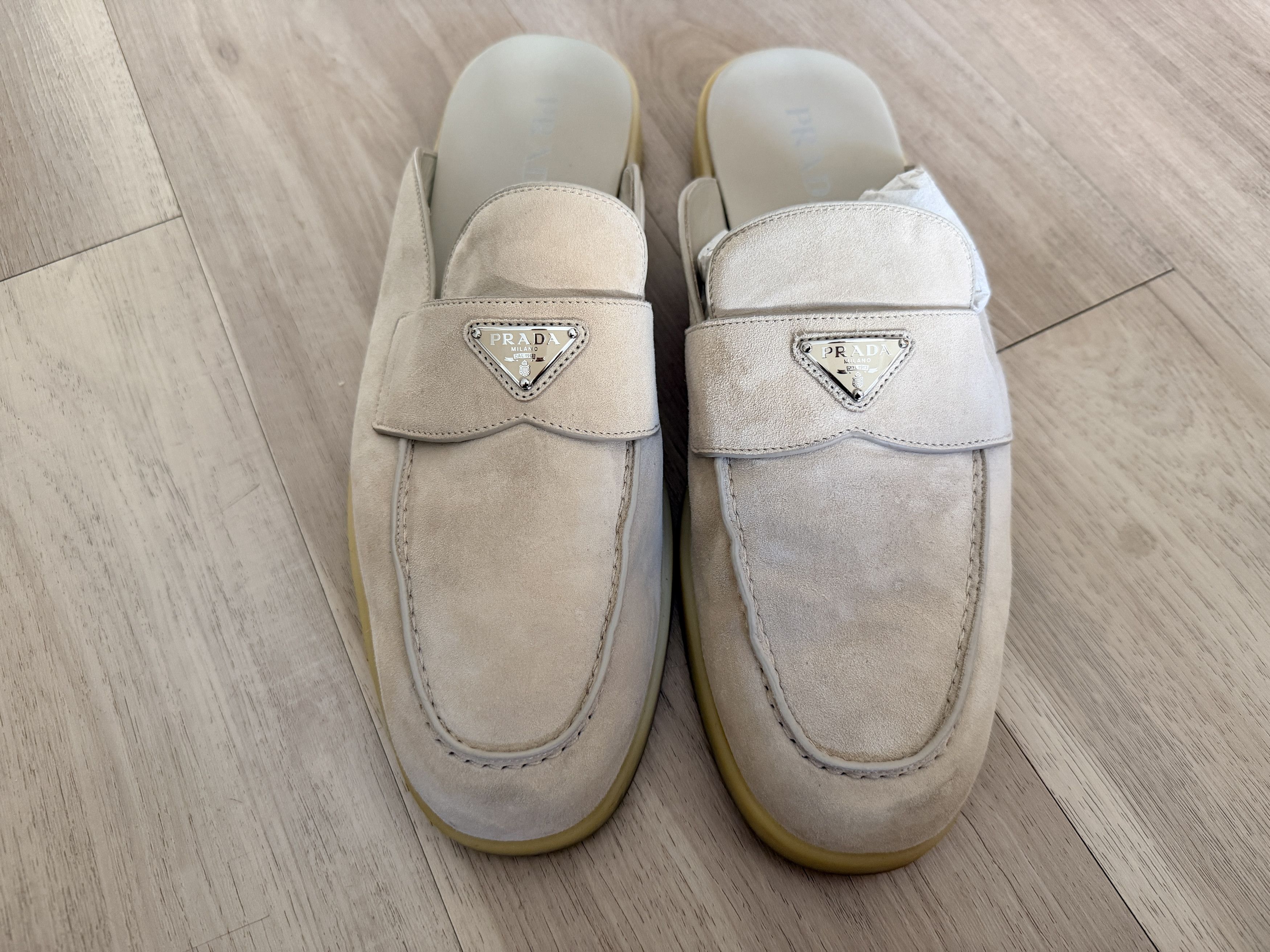Prada PRADA Calfskin Ecru Suede Mules Size 12 (FITS LIKE 13) Size US 12 / EU 45 - 1 Thumbnail