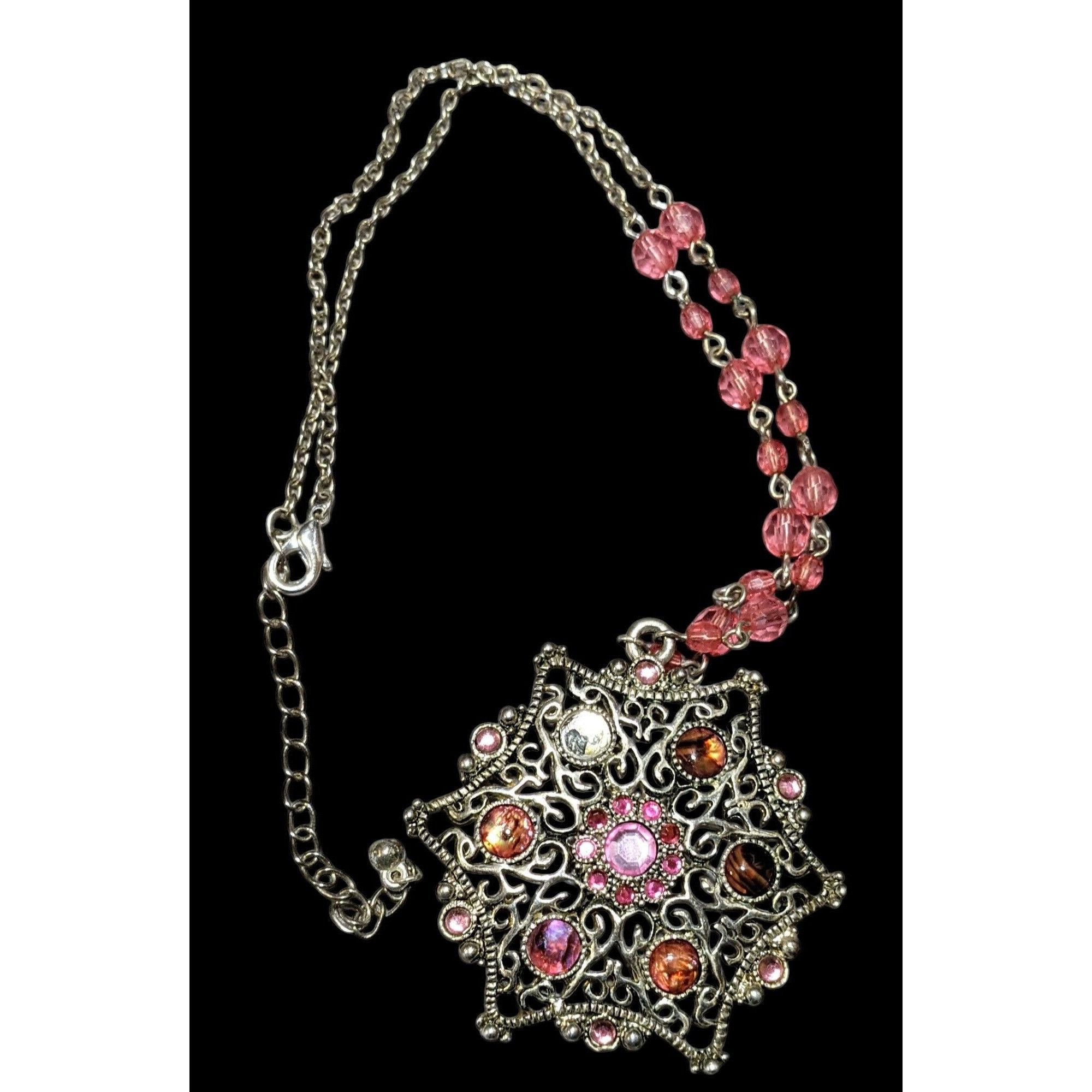 Other Vintage Coquette Pink And Silver Beaded Snowflake Necklace Size ONE SIZE - 1 Thumbnail