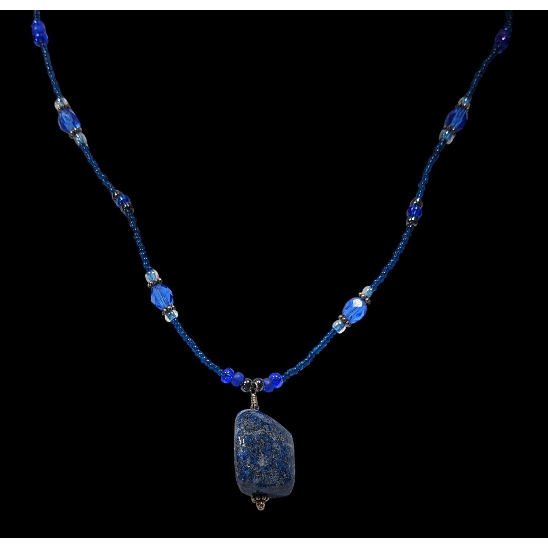 Handmade Blue Beaded Necklace With Lapis Lazuli Stone Pendant & Toggl Size ONE SIZE - 2 Thumbnail