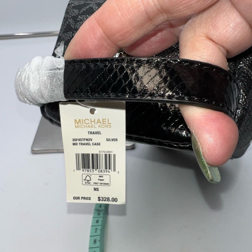 Michael Kors Michael Kors Black and Silver MD Travel Case with Snakeskin Embossed Leather on bottom and Handle Size ONE SIZE - 11 Thumbnail