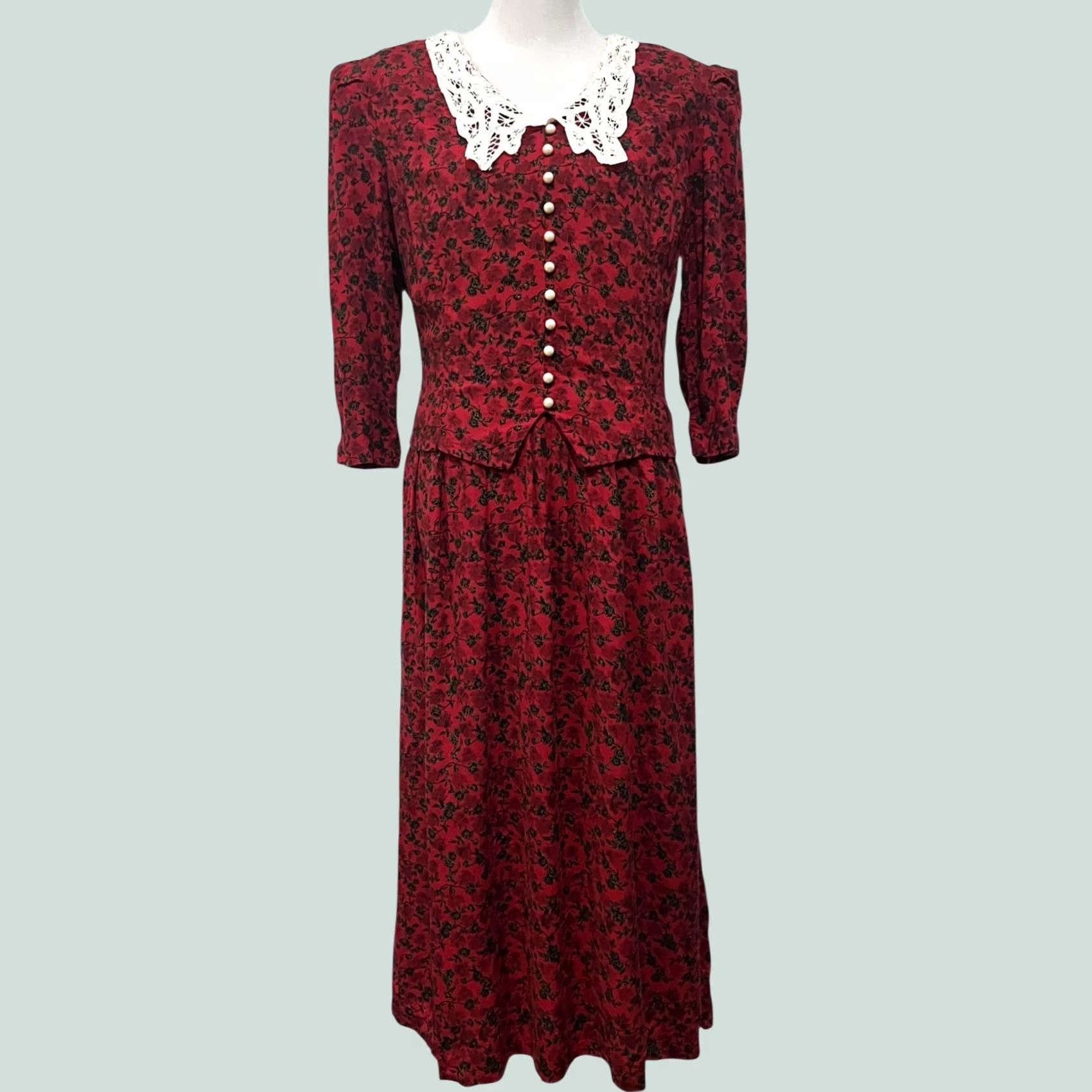Vintage VINTAGE Sarah Richards Red Floral Dress Sz 18 Crochet Lace Pearly Buttons Long Women Size XXL / US 16-18 / IT 52-54 - 1 Thumbnail