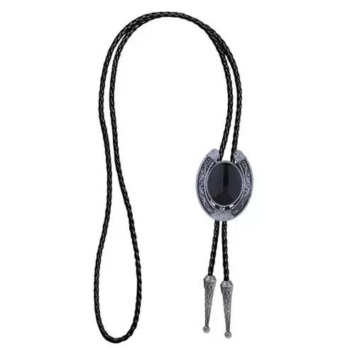 Cowboy Equipment × Vintage Western Horseshoe Black Agate Leather Rope bolo tie Size ONE SIZE - 3 Thumbnail
