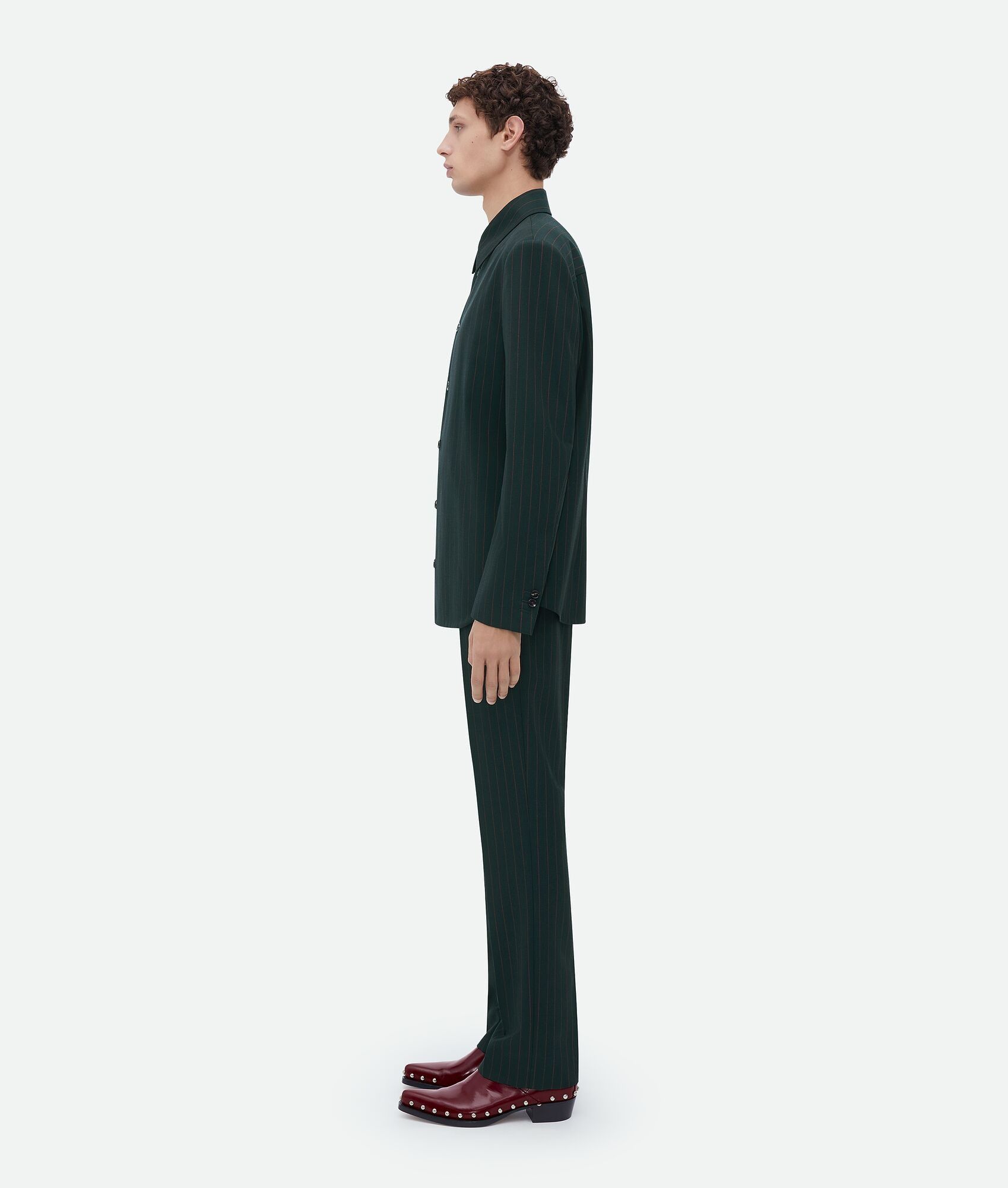 Bottega Veneta o1n1vont1224 Wool Pinstripe Shirt Jacket in Dark Green Size US S / EU 44-46 / 1 - 2 Thumbnail