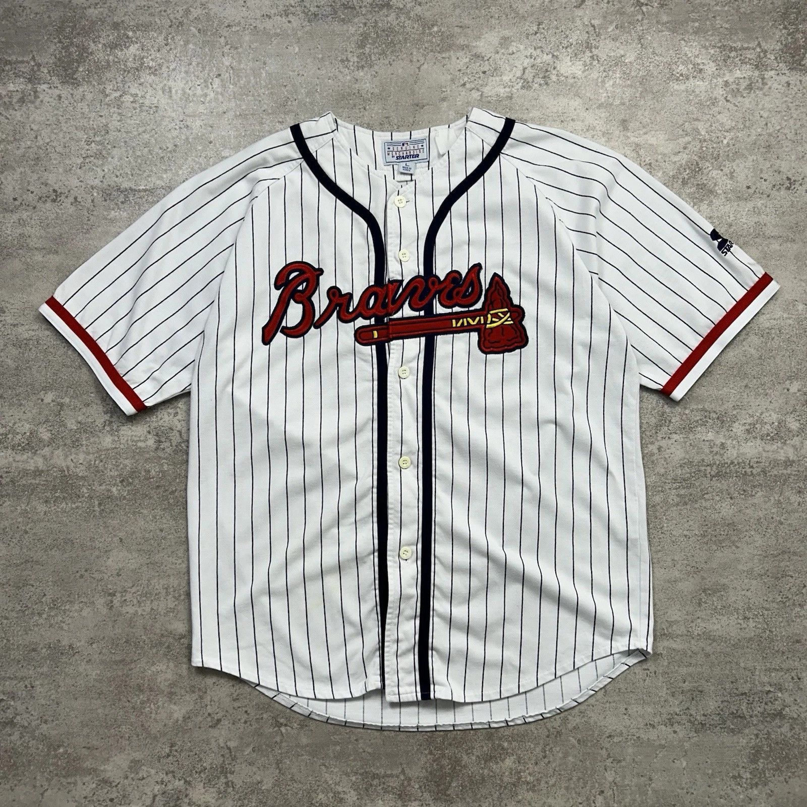 MLB × Starter × Vintage ATLANTA BRAVES TOM GLAVINE #42 STARTER PINSTRIPE JERSEY Size US L / EU 52-54 / 3 - 2 Thumbnail