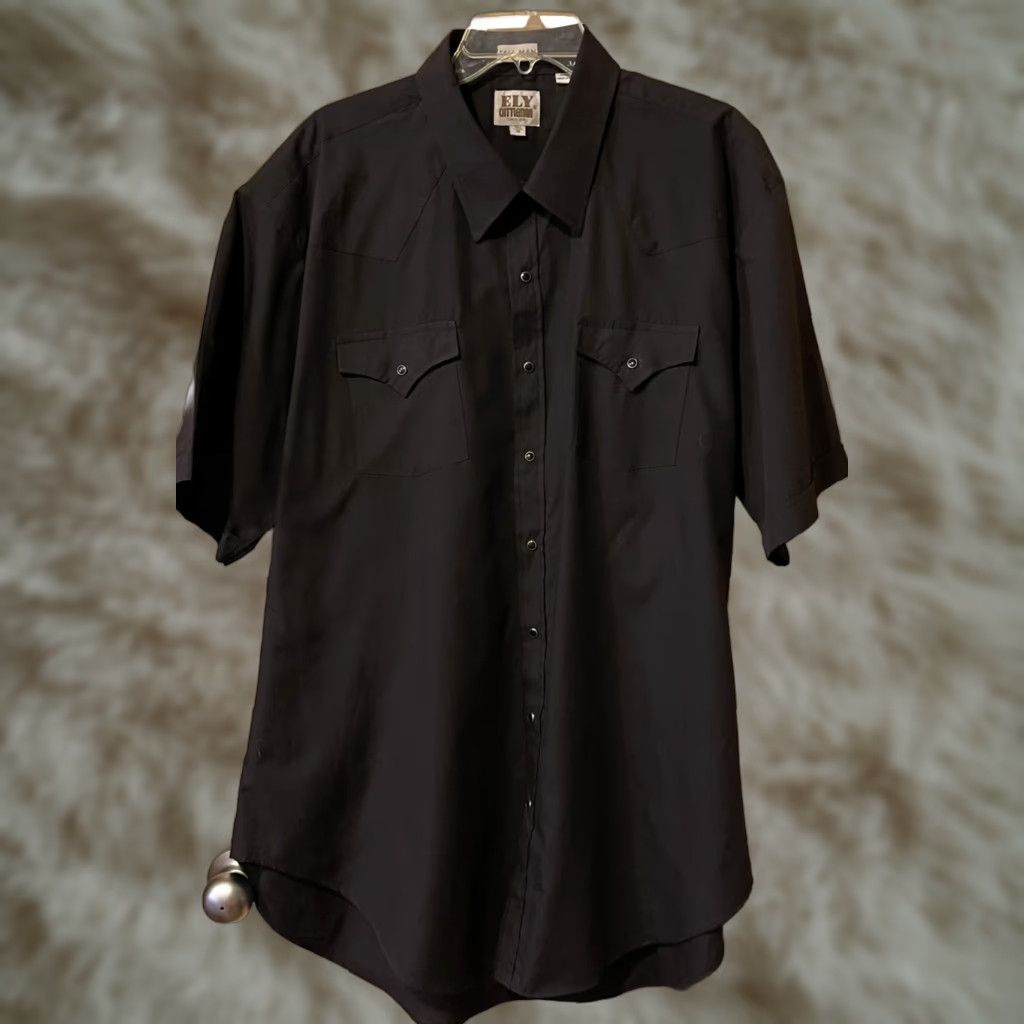 VINTAGE Ely Cattleman Shirt Mens Black 19 Button-Up Short Sleeve Western Casual Pockets Easy Care Breathable
