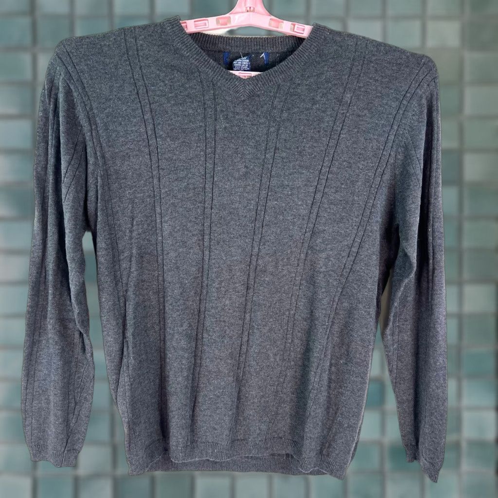 Vintage Mens Striped V Neck Long Sleeves Tight Knit Gray Cotton Pullover Sweater Size S Size US S / EU 44-46 / 1 - 1 Thumbnail