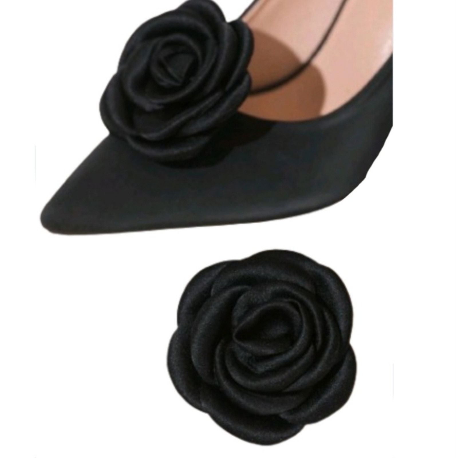 Other CLASSIC & ELEGANT ☆ MATTE BLACK SATIN ☆ ROSE SHOE CLIPS NIP Size US 4 / IT 34 - 4 Thumbnail