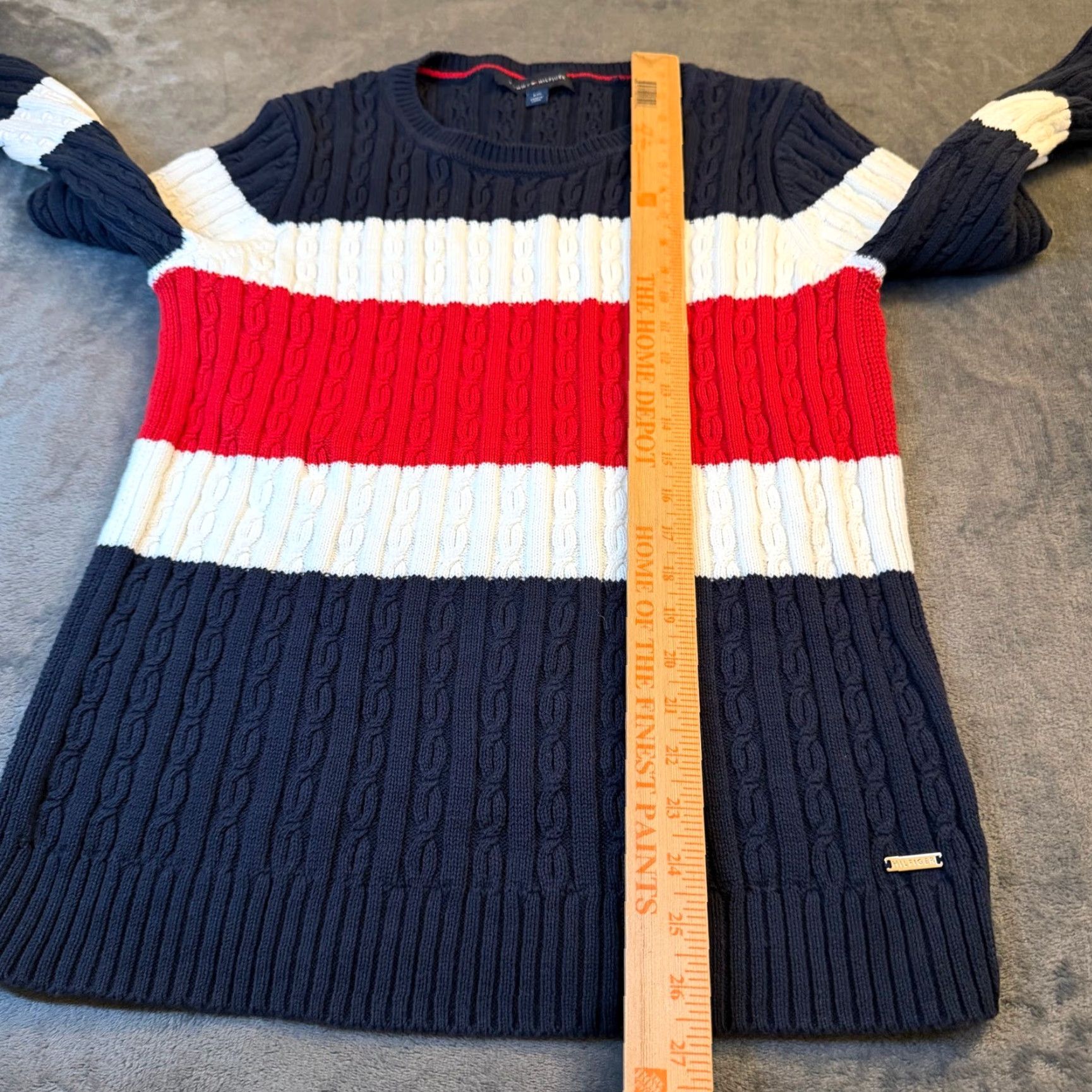 Tommy Hilfiger Tommy Hilfiger Sweater Womens Large Navy Red White Cable Knit Stripe Crew Neck Size L / US 10 / IT 46 - 7 Thumbnail