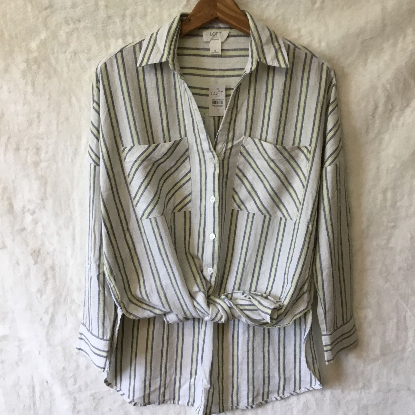 Loft Loft White w/Green Strip Tie Front Shirt Size S / US 4 / IT 40 - 1 Thumbnail