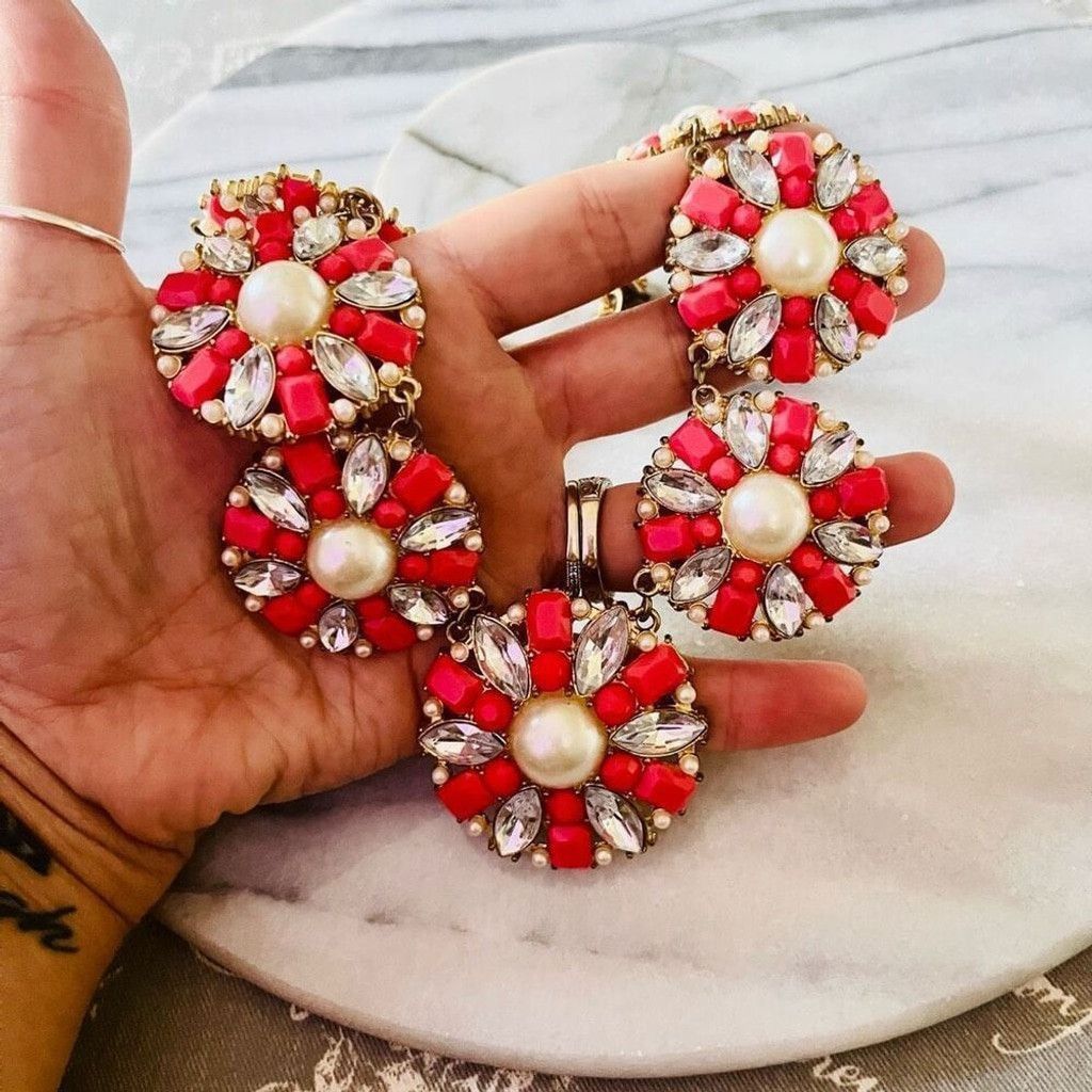 Jewelry Glam Statement Necklace Coral Red Faux Pearl Round Link Size ONE SIZE - 7 Thumbnail