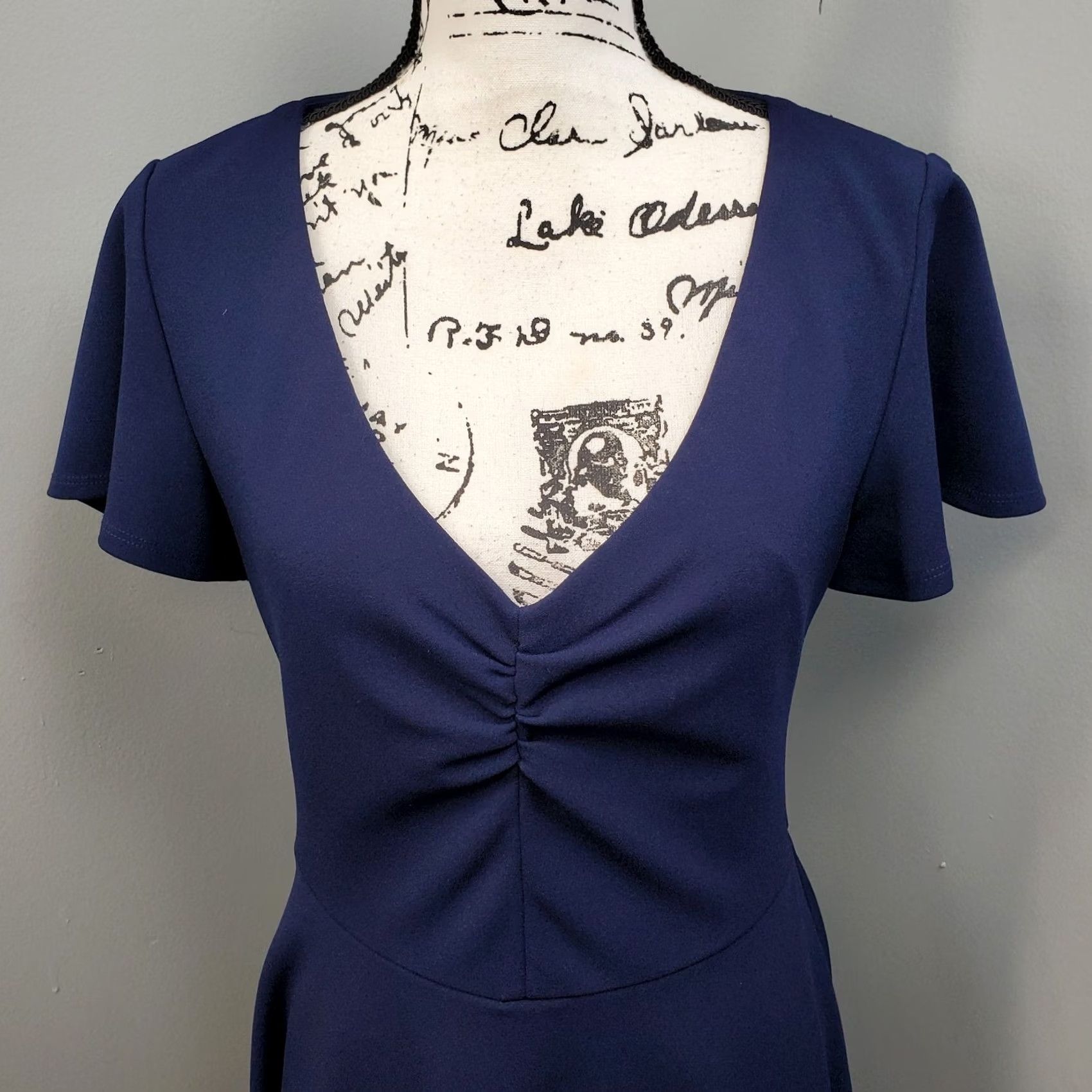 Vintage B. Darlin Womens Navy MiniDress Cap Sleeve Back Zip 13/14 Lined V-Neck Short Size XL / US 12-14 / IT 48-50 - 3 Thumbnail