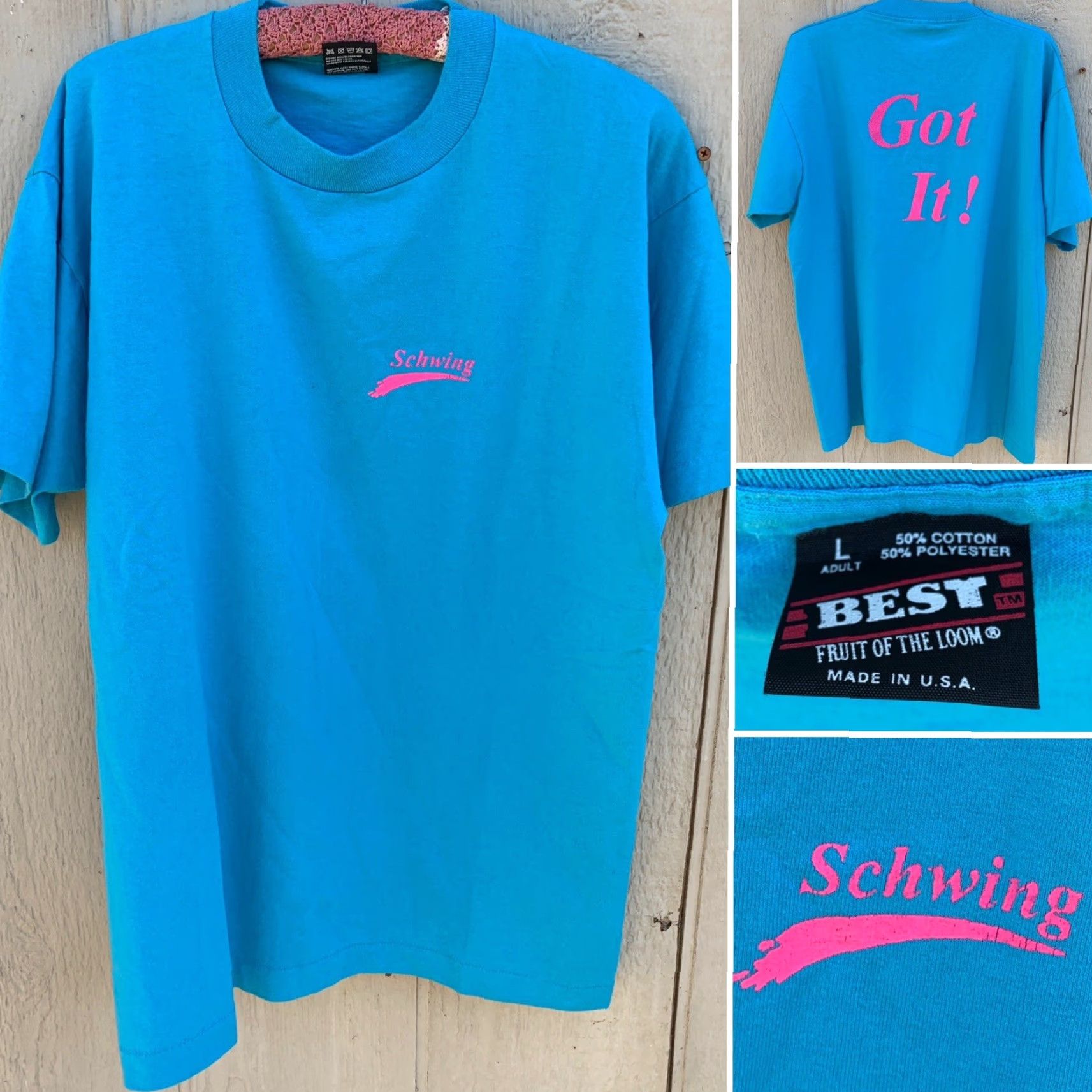 Fruit Of The Loom VINTAGE Fruit of the Loom T-Shirt Shirt Unisex Adults L Crew Neck Short Sleeve Blue 90s Schwing Got It Graphic Single Stitch Tee Size US L / EU 52-54 / 3 - 2 Thumbnail