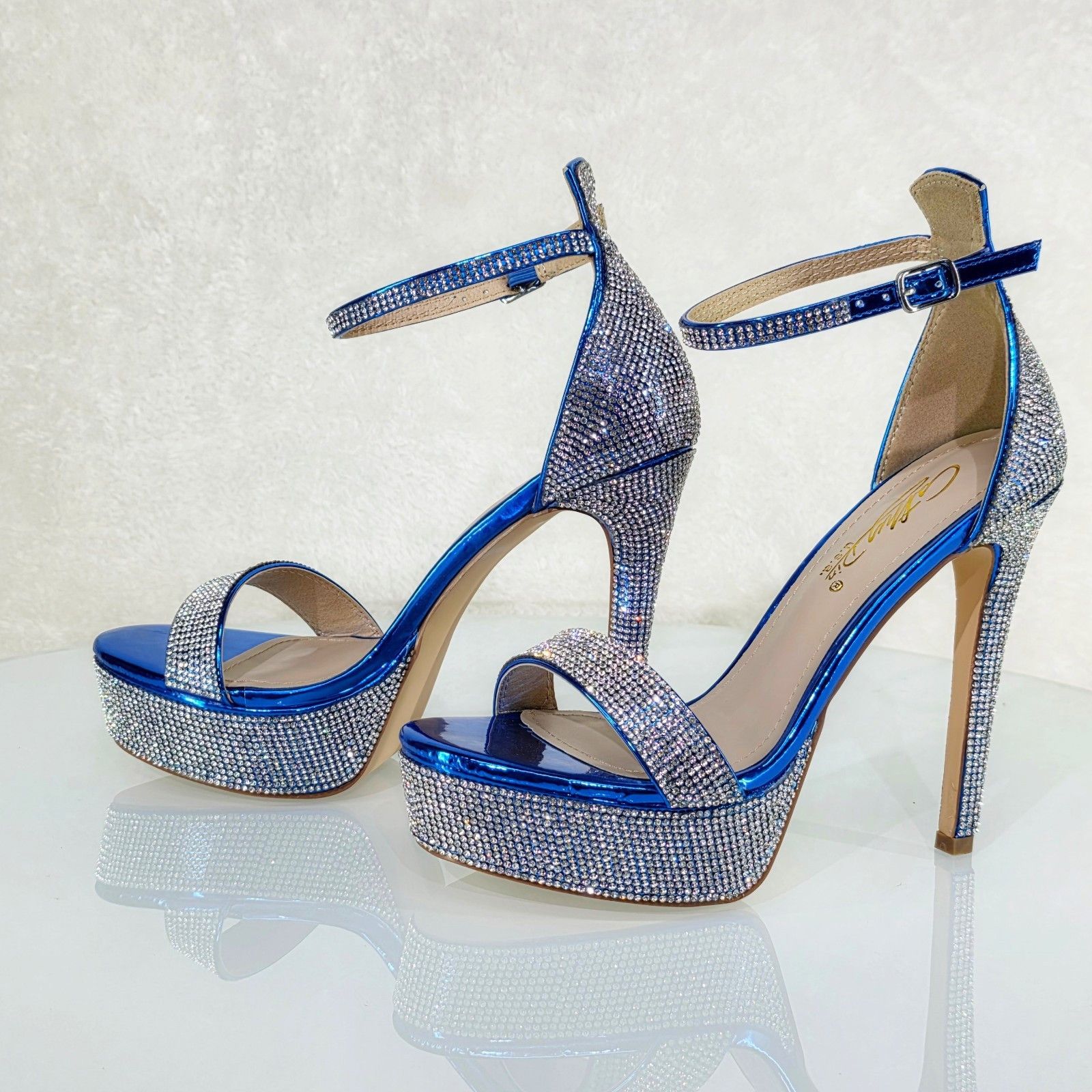 Other Destiny Blue Metallic Platform 5" Heels Rhinestone Evening P Size US 9 / IT 39 - 5 Thumbnail