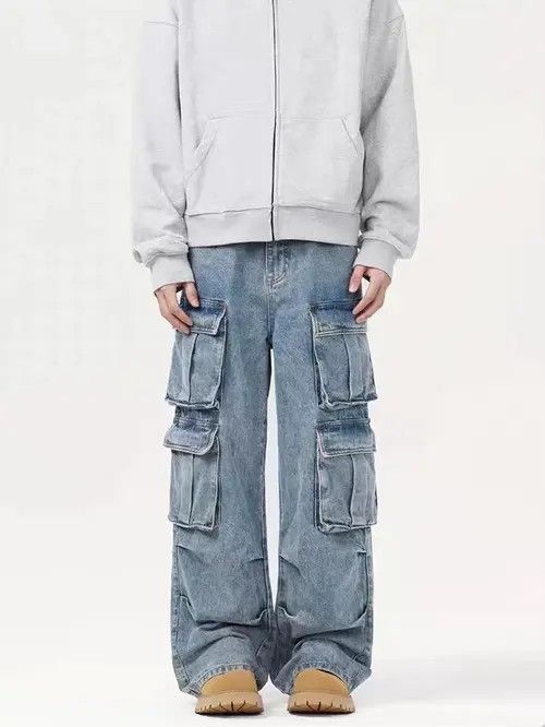 VIBE Vintage Street Multi-Pocket Washed Loose Work Jeans Size US 34 / EU 50 - 1 Thumbnail