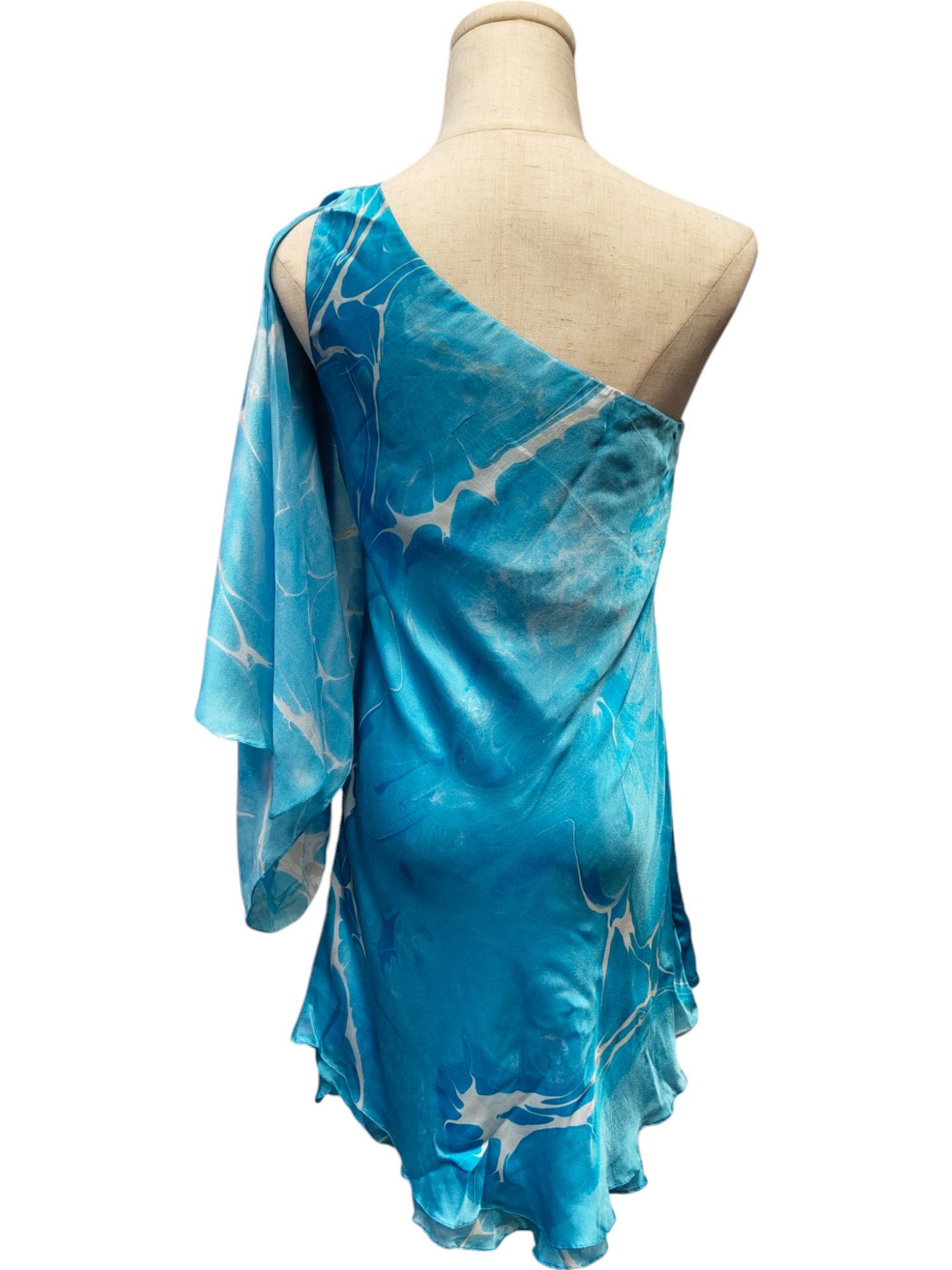 Ralph Lauren Sea Waves Print Silk Sleeves One-Shoulder Short Dress Size XS / US 0-2 / IT 36-38 - 2 Thumbnail