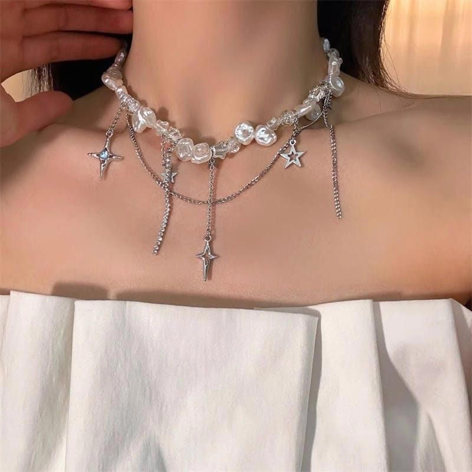Jewelry y2k Multiple Stars Rhinestone Pearl Necklace Size ONE SIZE - 2 Thumbnail
